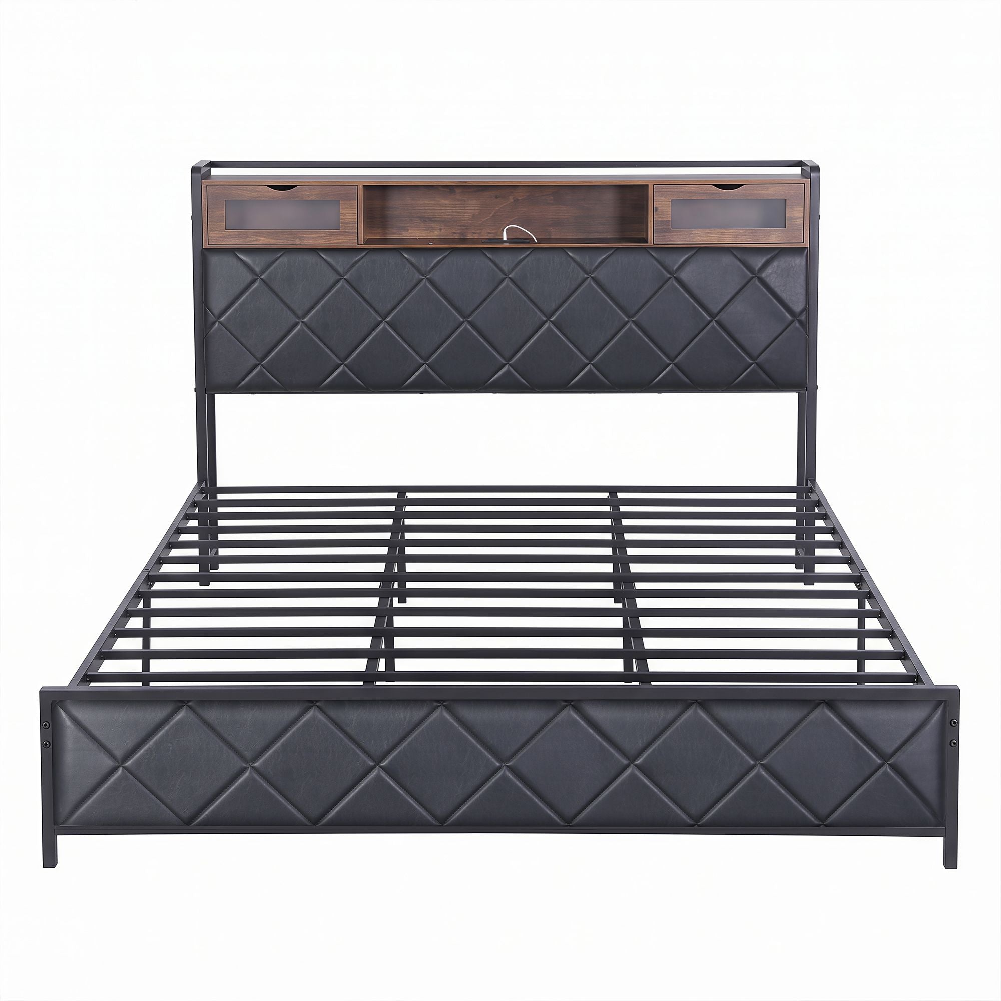 King Bed Frame with LED Lights, Storage Headboard & Charging Station - PU Leather
