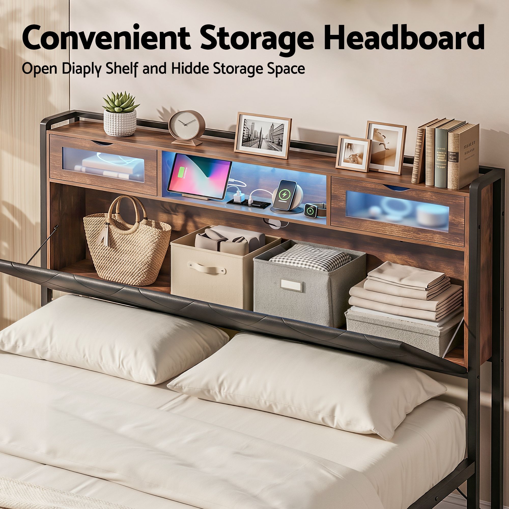 King Bed Frame with LED Lights, Storage Headboard & Charging Station - PU Leather