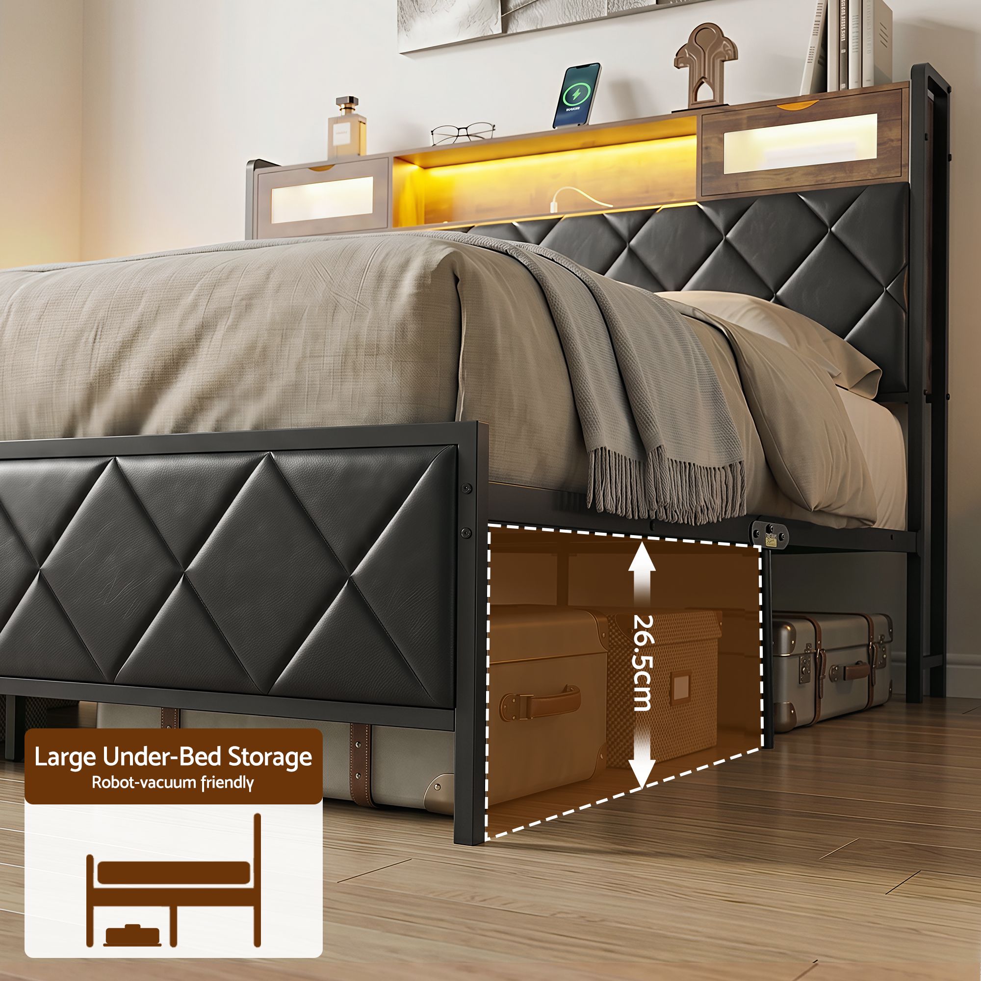 King Bed Frame with LED Lights, Storage Headboard & Charging Station - PU Leather