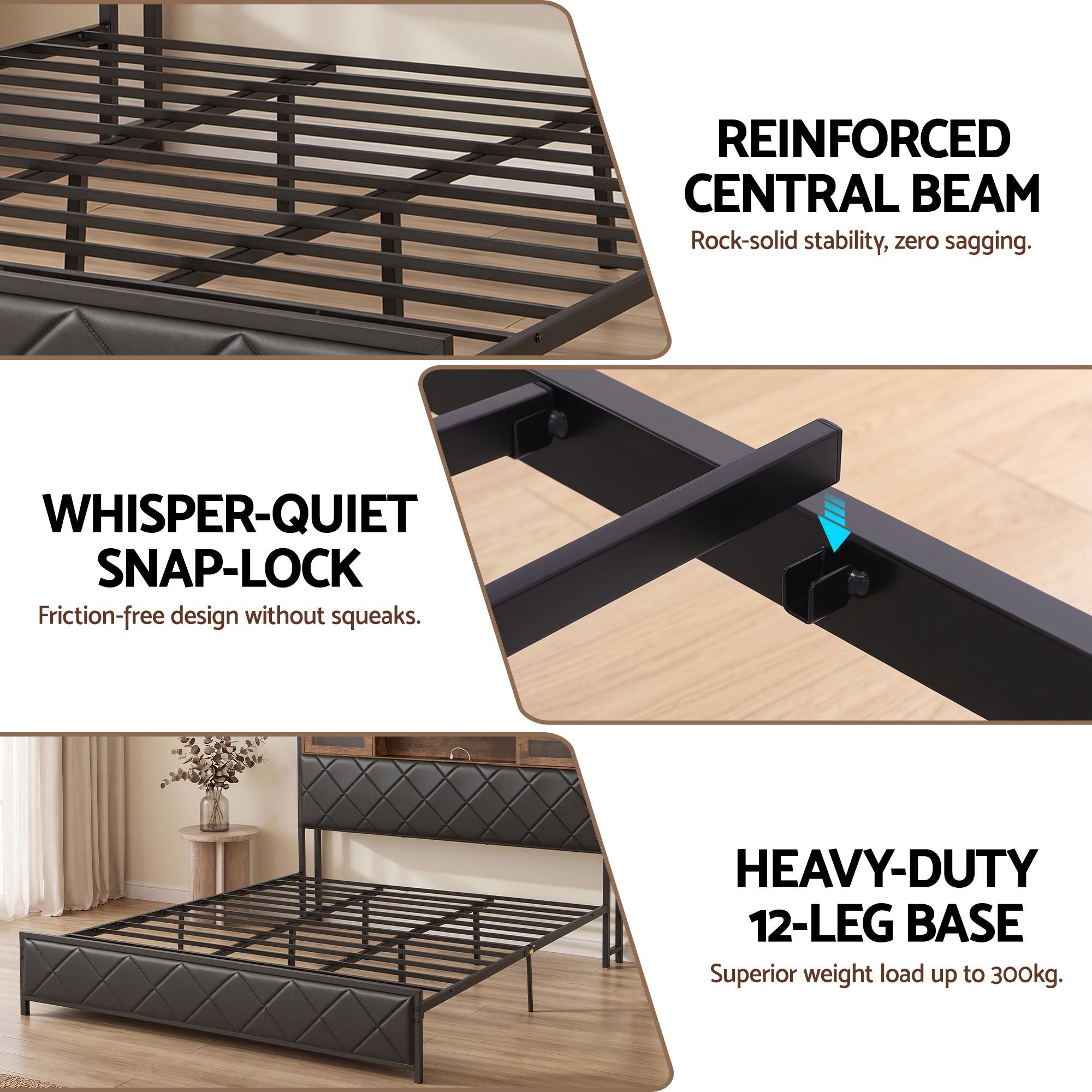 King Bed Frame with LED Lights, Storage Headboard & Charging Station - PU Leather