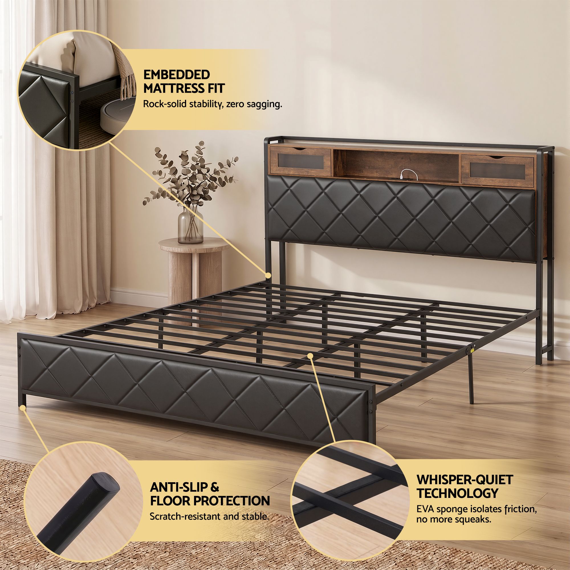 King Bed Frame with LED Lights, Storage Headboard & Charging Station - PU Leather