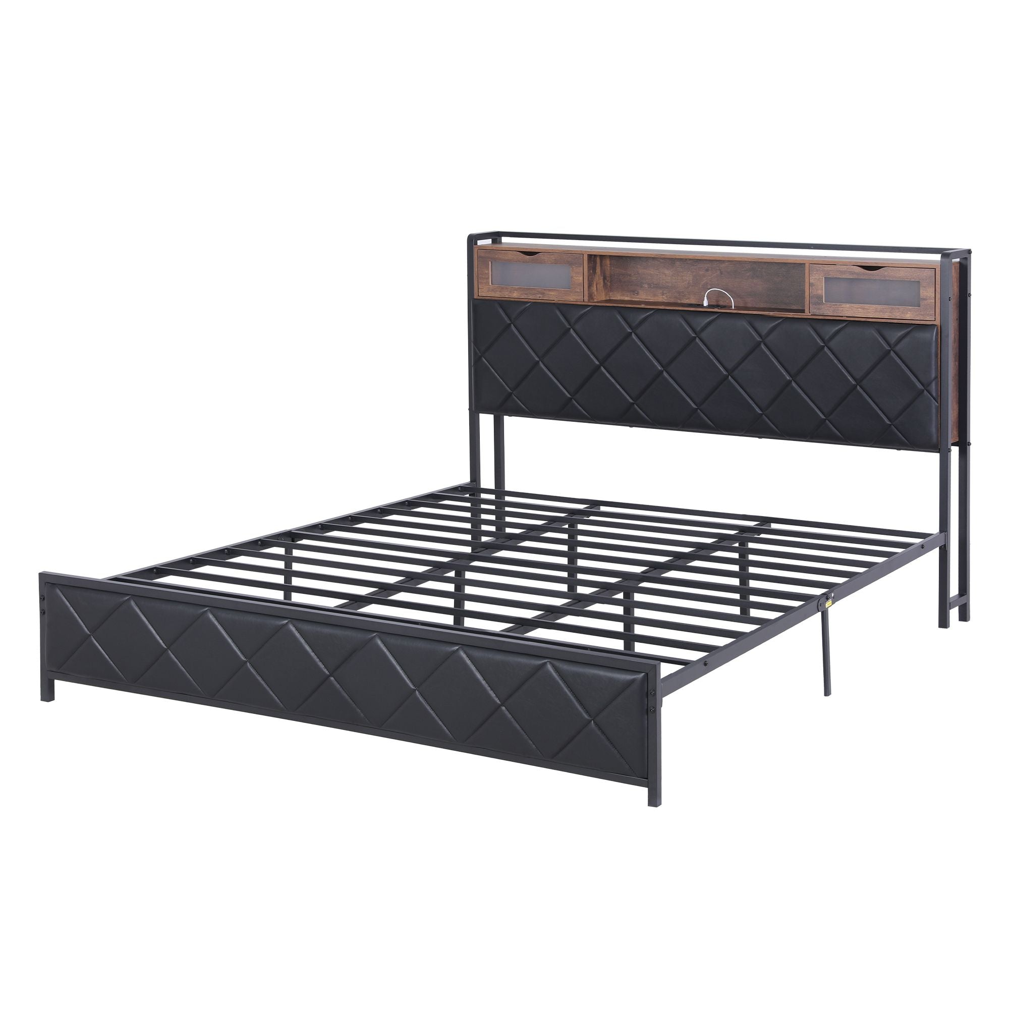 King Bed Frame with LED Lights, Storage Headboard & Charging Station - PU Leather
