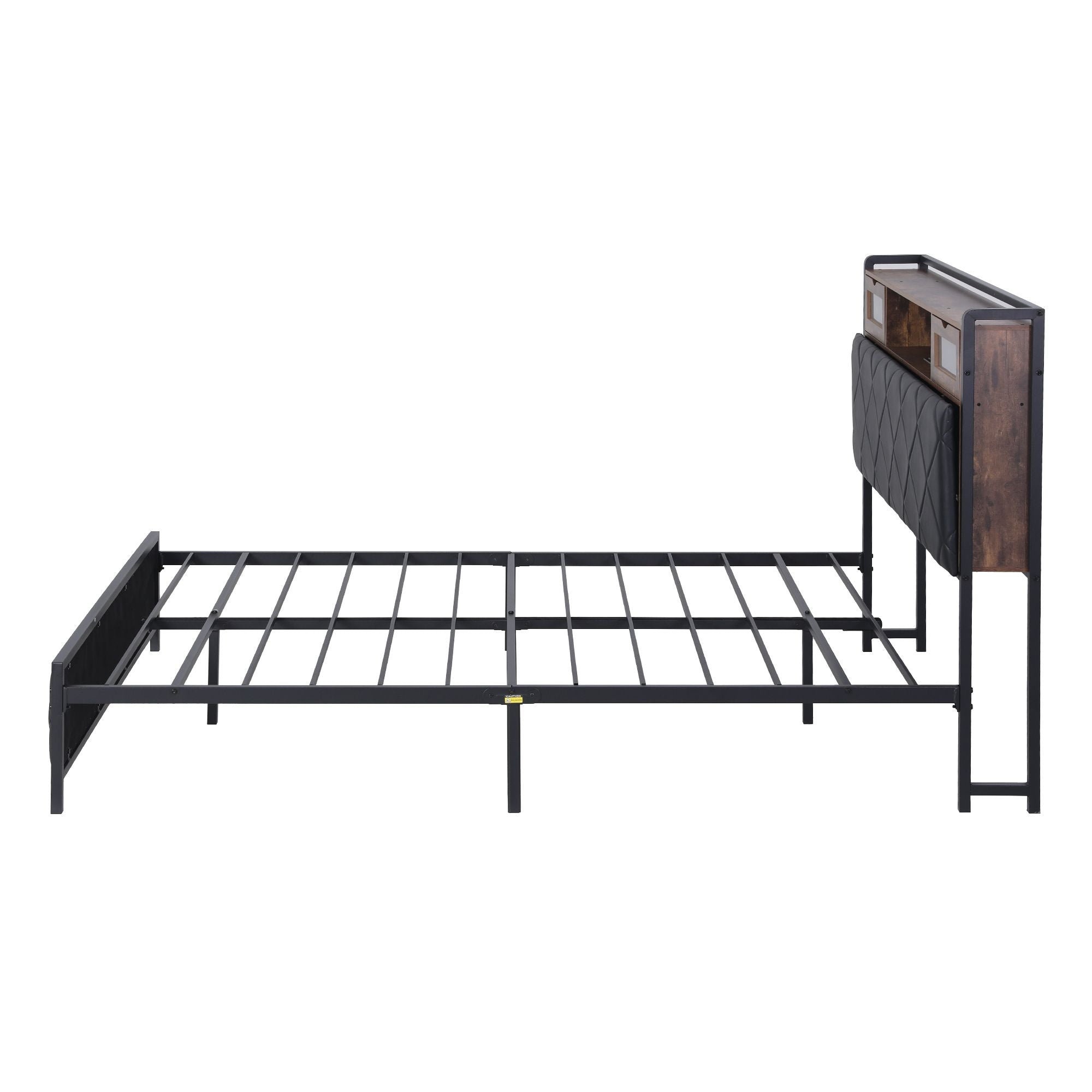 Queen PU Leather Bed Frame with LED Lights, Storage Headboard & Charging Station - Neutral