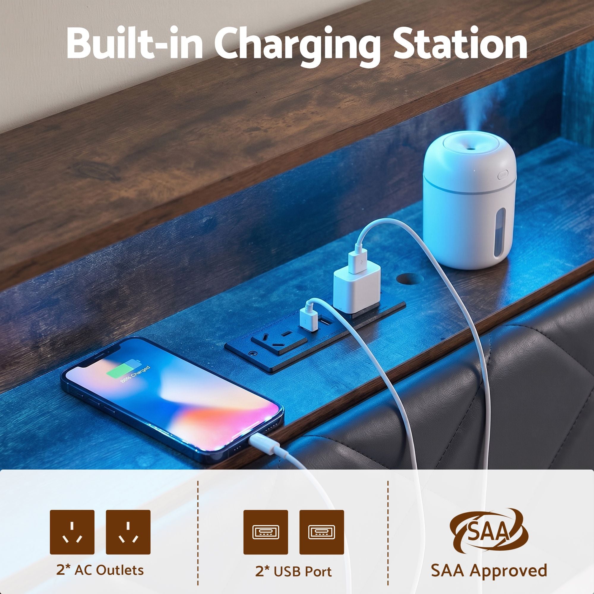 Queen PU Leather Bed Frame with LED Lights, Storage Headboard & Charging Station - Neutral