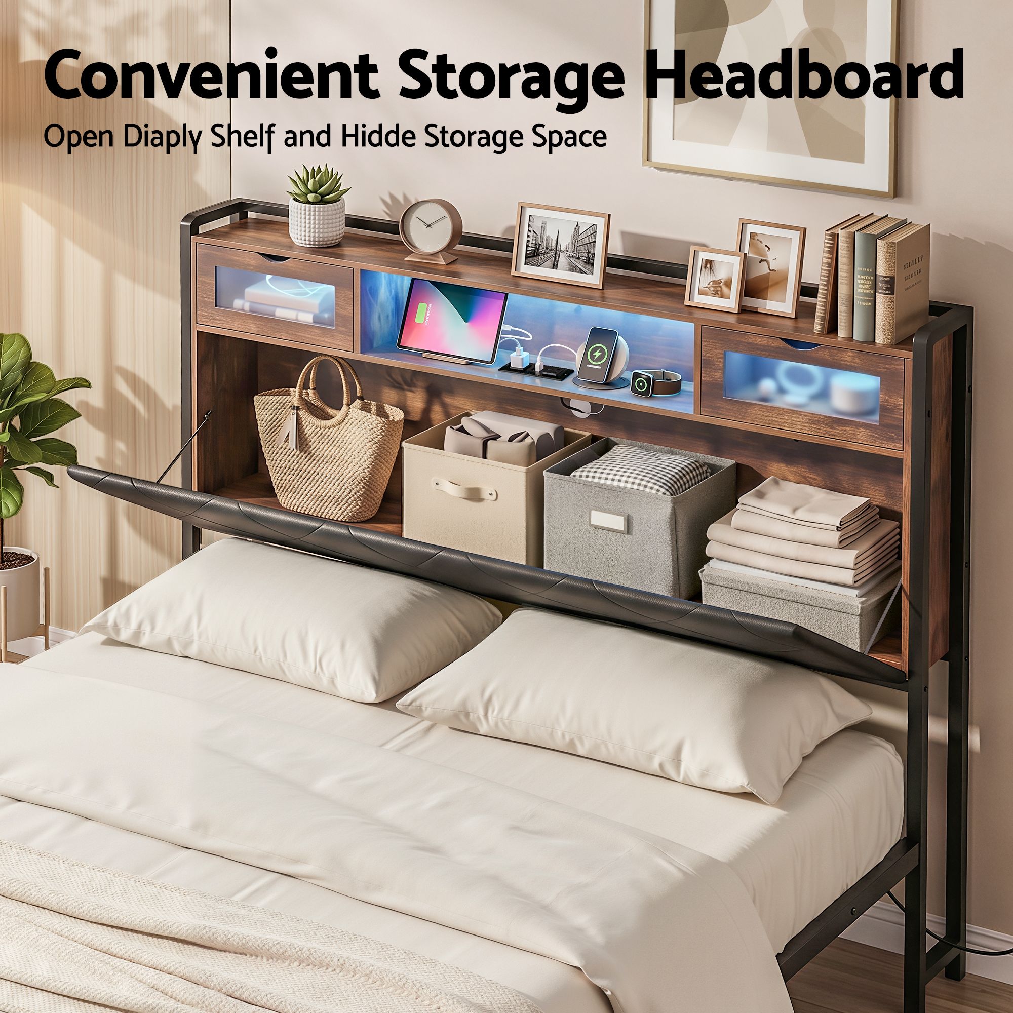 Queen PU Leather Bed Frame with LED Lights, Storage Headboard & Charging Station - Neutral