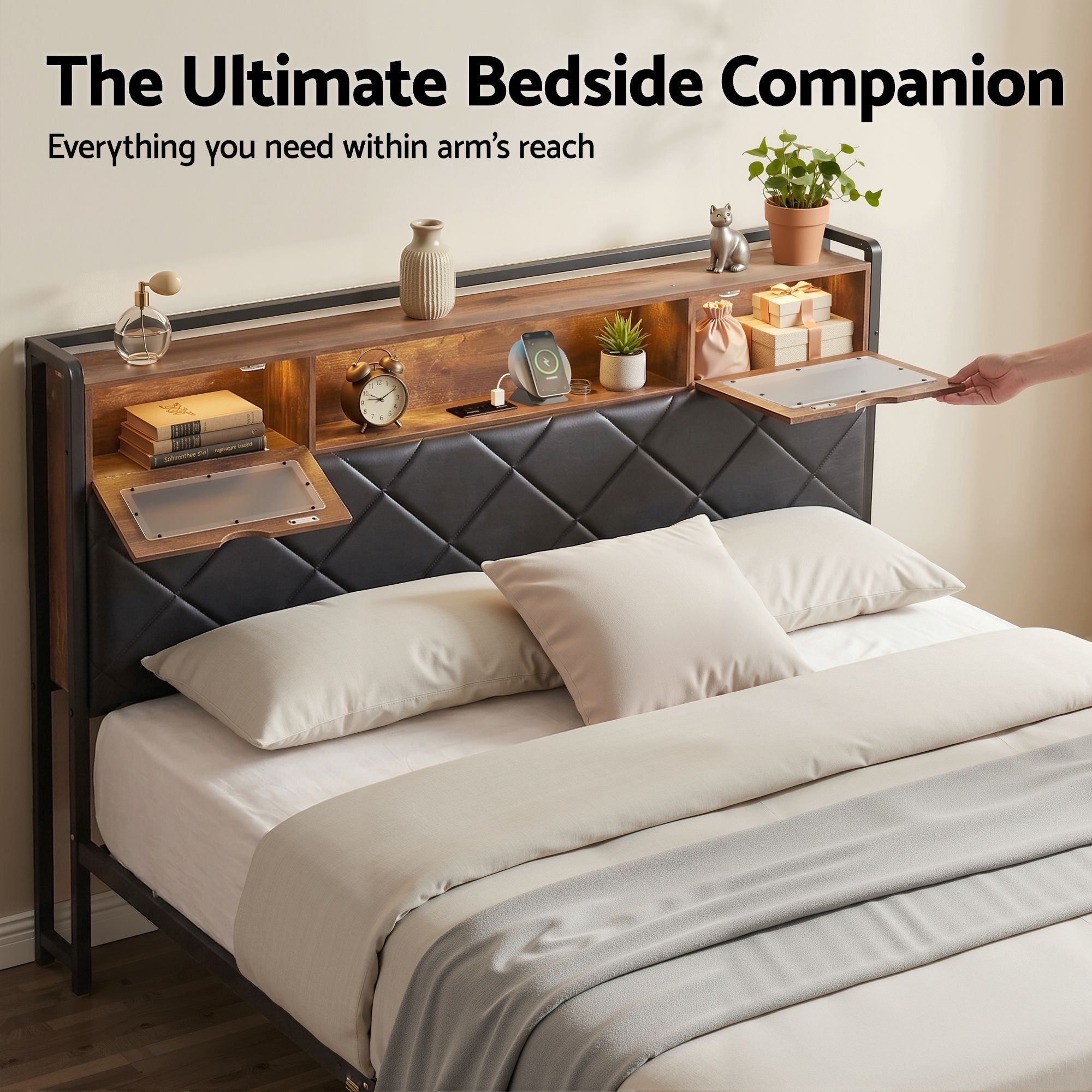 Queen PU Leather Bed Frame with LED Lights, Storage Headboard & Charging Station - Neutral