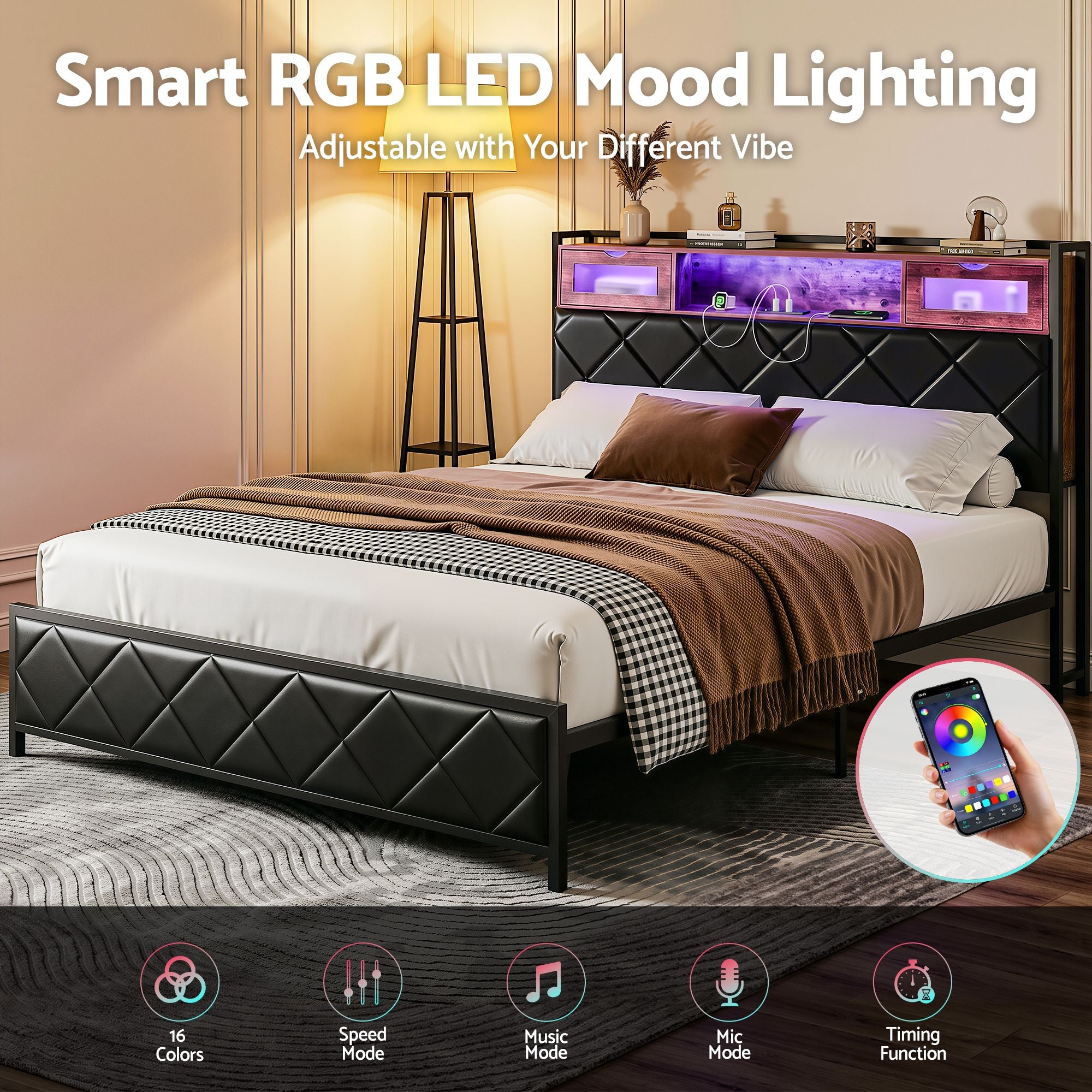 Queen PU Leather Bed Frame with LED Lights, Storage Headboard & Charging Station - Neutral