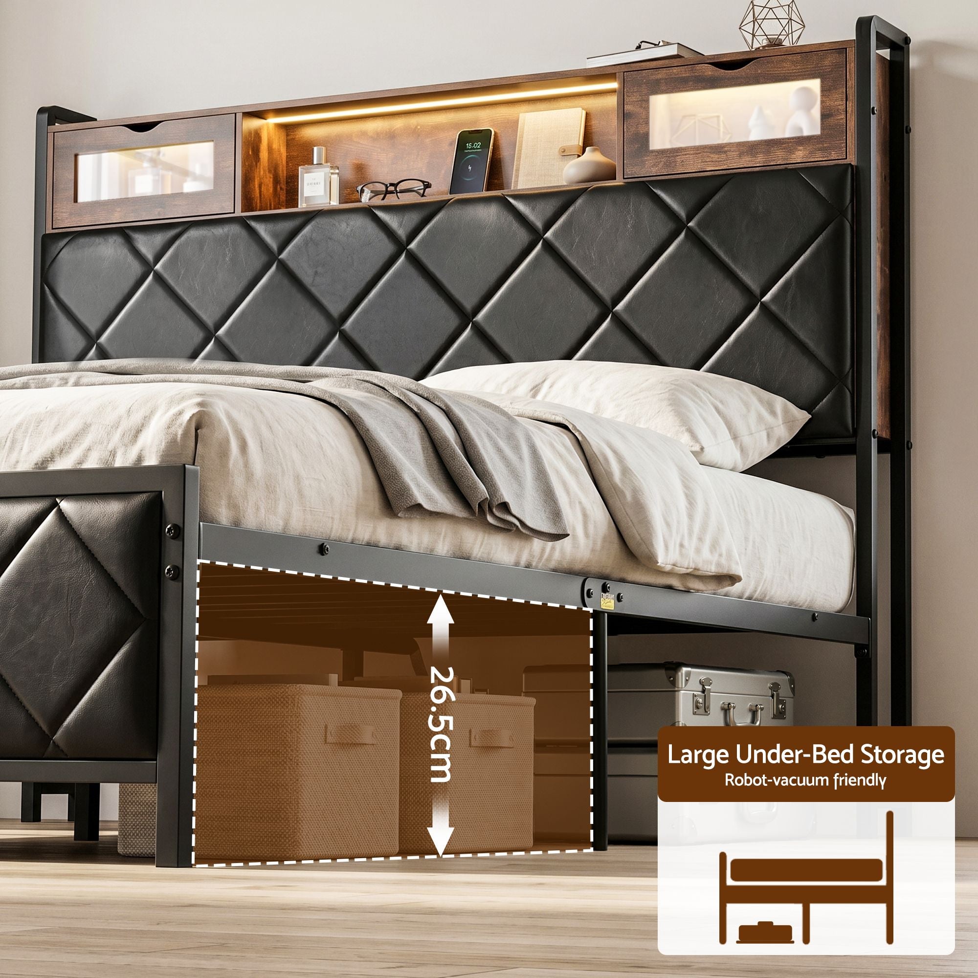 Queen PU Leather Bed Frame with LED Lights, Storage Headboard & Charging Station - Neutral
