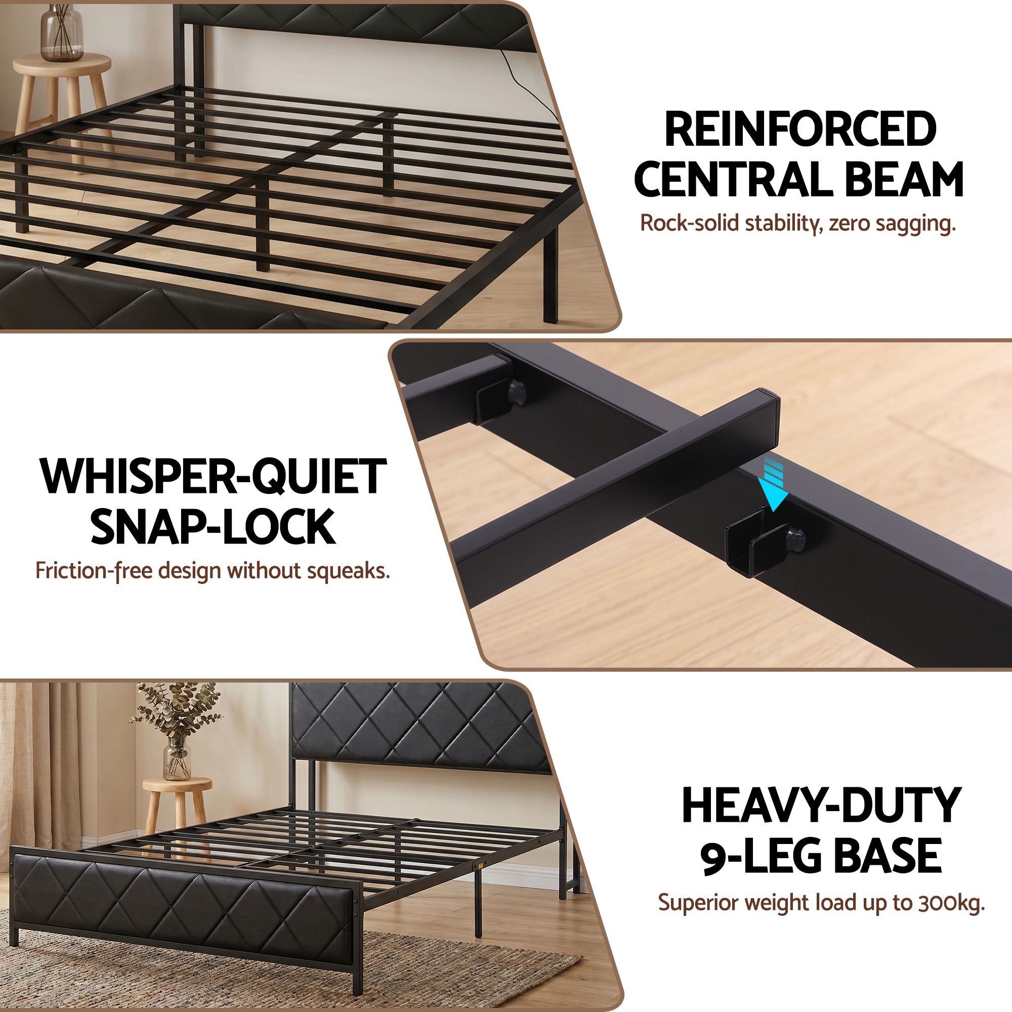 Queen PU Leather Bed Frame with LED Lights, Storage Headboard & Charging Station - Neutral