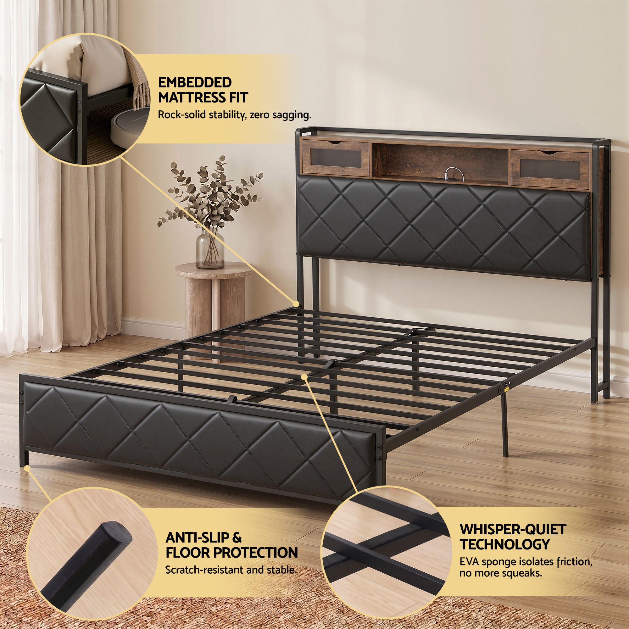 Queen PU Leather Bed Frame with LED Lights, Storage Headboard & Charging Station - Neutral