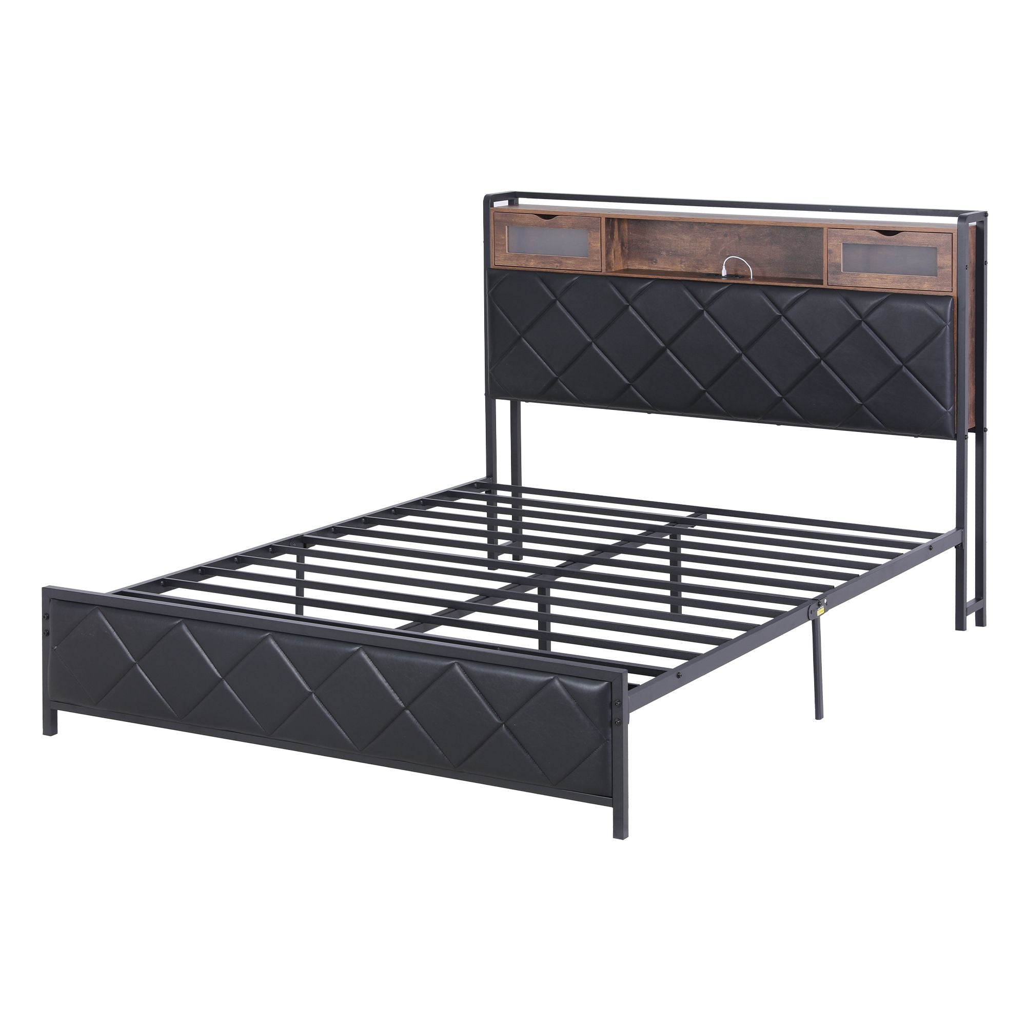 Queen PU Leather Bed Frame with LED Lights, Storage Headboard & Charging Station - Neutral