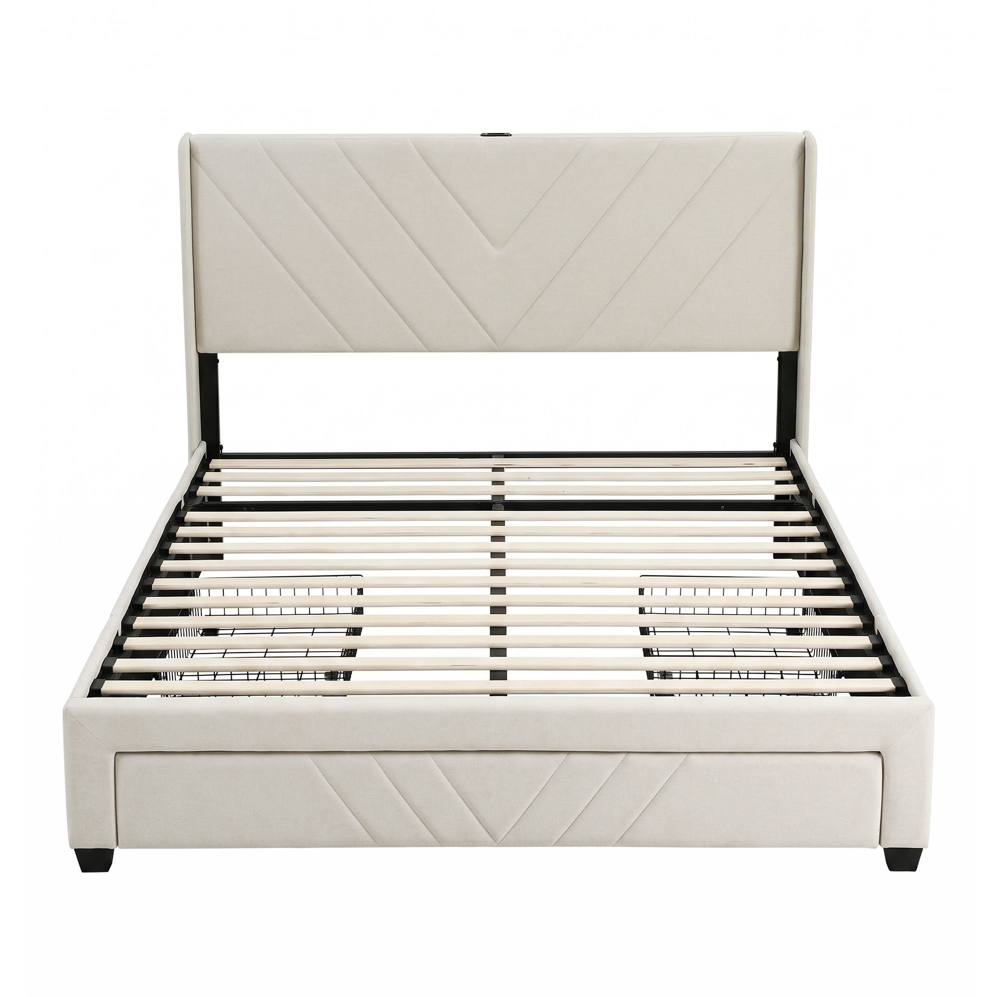 King Bed Frame with Charging Station and Storage Drawers Beige 300KG Noise Free
