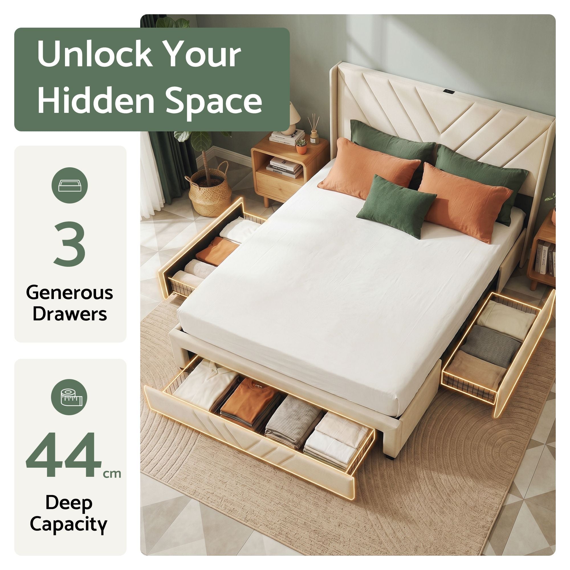 King Bed Frame with Charging Station and Storage Drawers Beige 300KG Noise Free