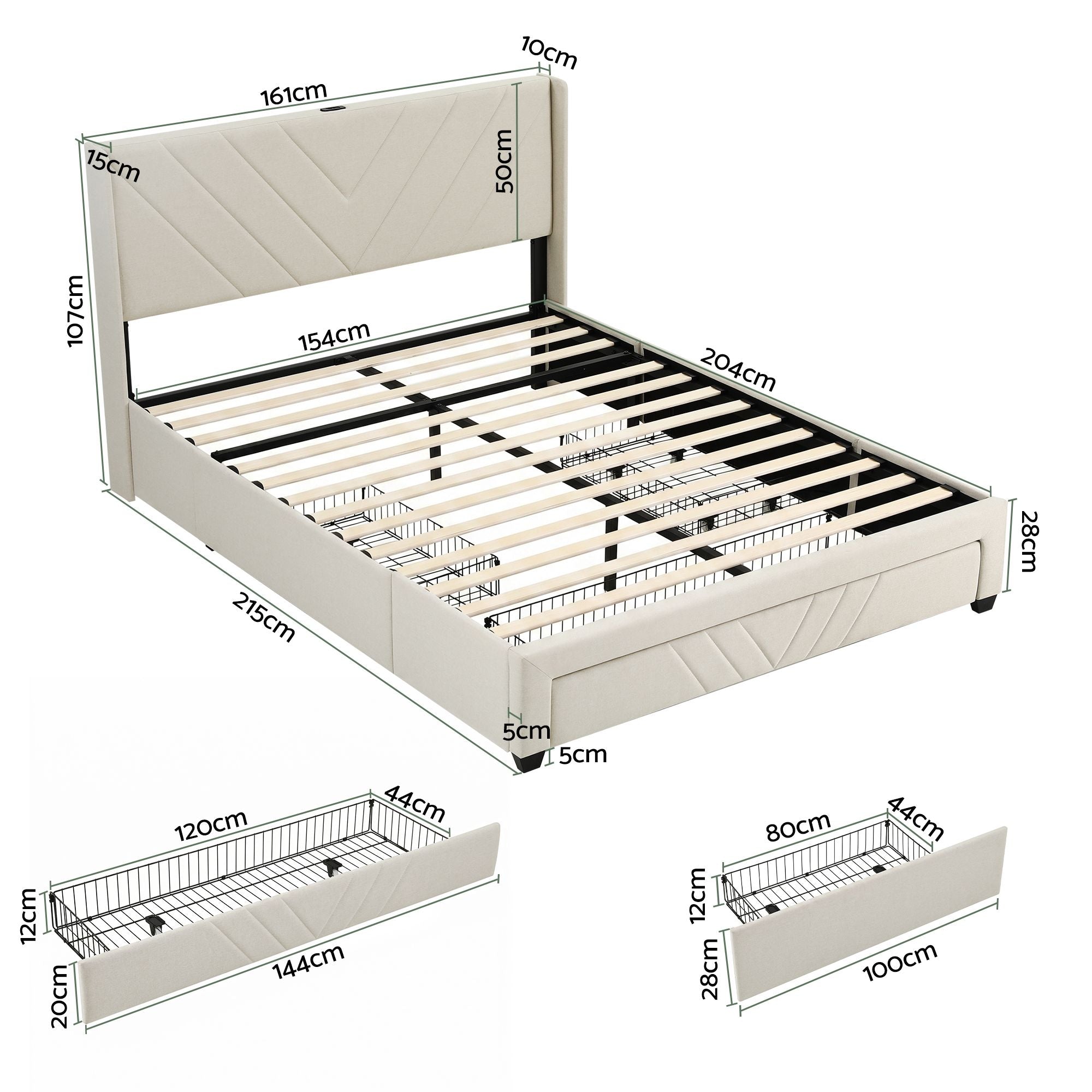 Queen Bed Frame with Charging Station and Storage Drawers Beige 300KG Noise Free