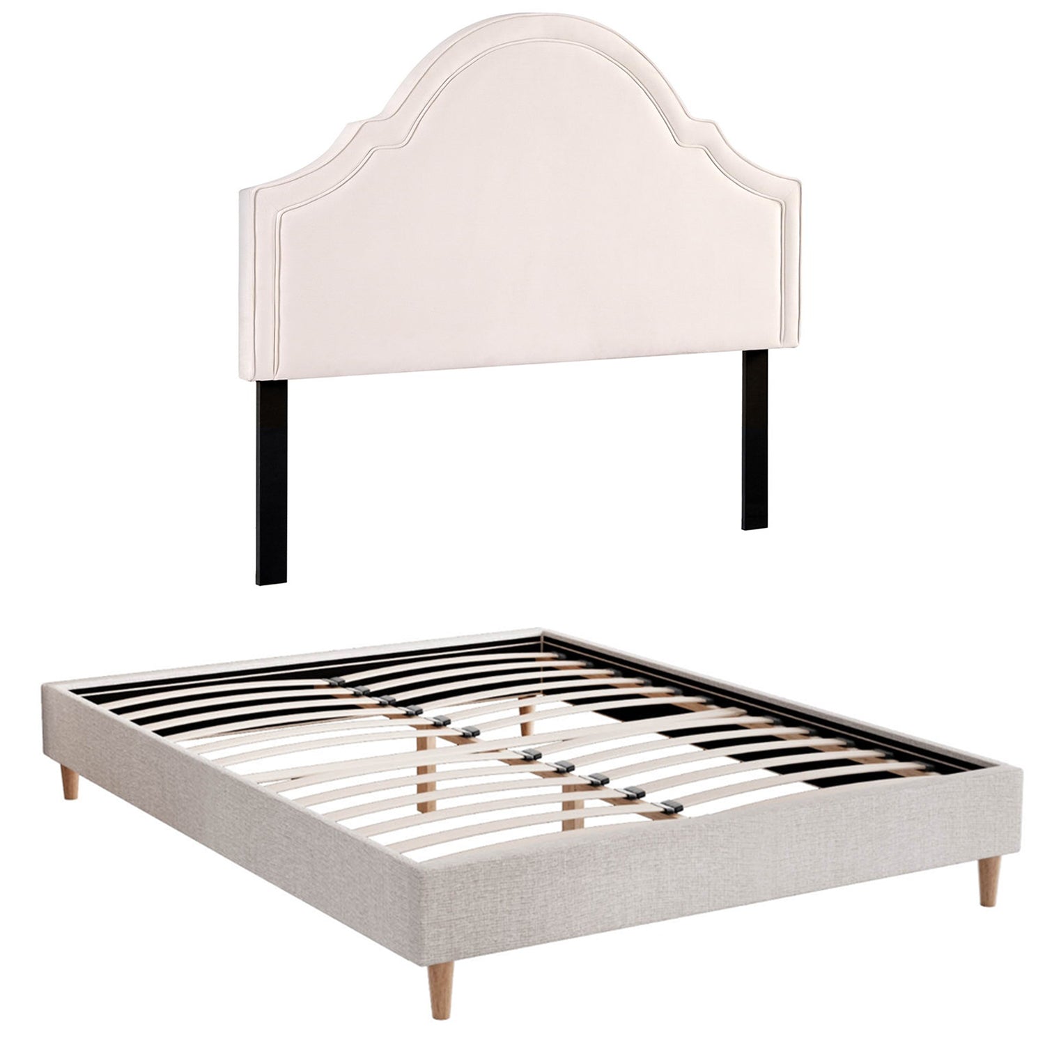 Iris Queen Bed with Scalloped Velvet Headboard – Beige, upholstered bed frame with wooden slats and tapered legs, bedroom furniture
