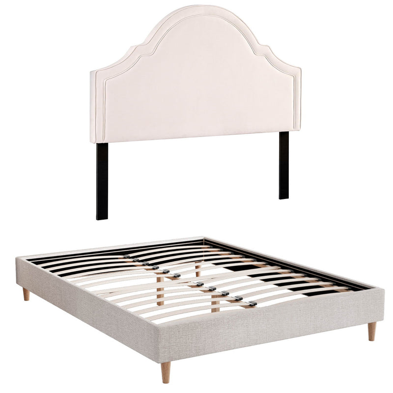 Iris Queen Bed with Scalloped Velvet Headboard – Beige, upholstered bed frame with wooden slats and tapered legs, bedroom furniture