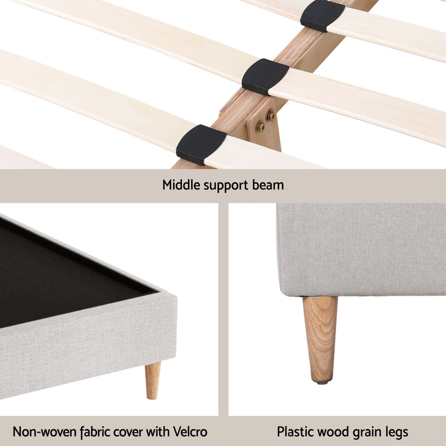 Iris Queen Bed with Scalloped Velvet Headboard – Beige showing middle support beam, fabric cover with Velcro, and wood grain legs