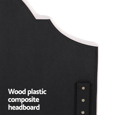 Iris Queen Bed with Scalloped Velvet Headboard – Beige showing close-up of wood plastic composite headboard back panel