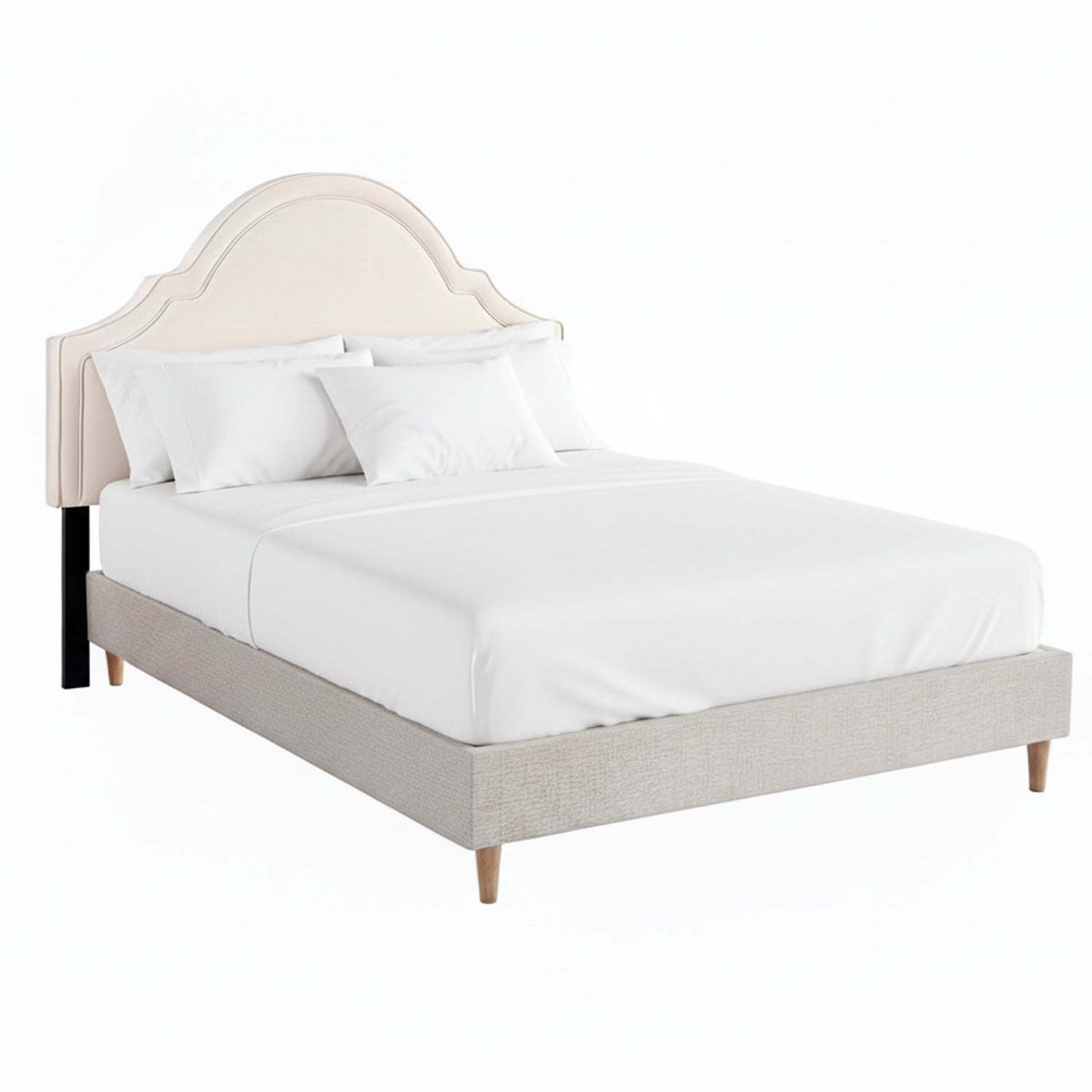 Iris Queen Bed with Scalloped Velvet Headboard – Beige with soft curved design and wooden legs, styled with white bedding