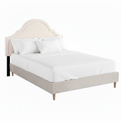 Iris Queen Bed with Scalloped Velvet Headboard – Beige with soft curved design and wooden legs, styled with white bedding