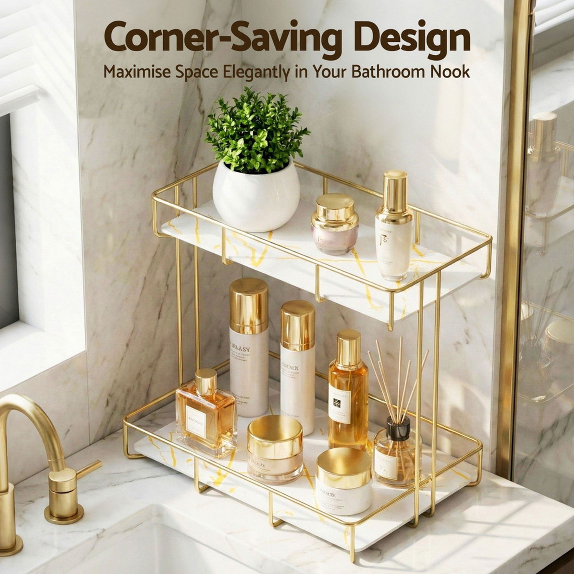 2-Tier Bathroom Corner Storage Rack 2 Pack with Marble Look - Gold