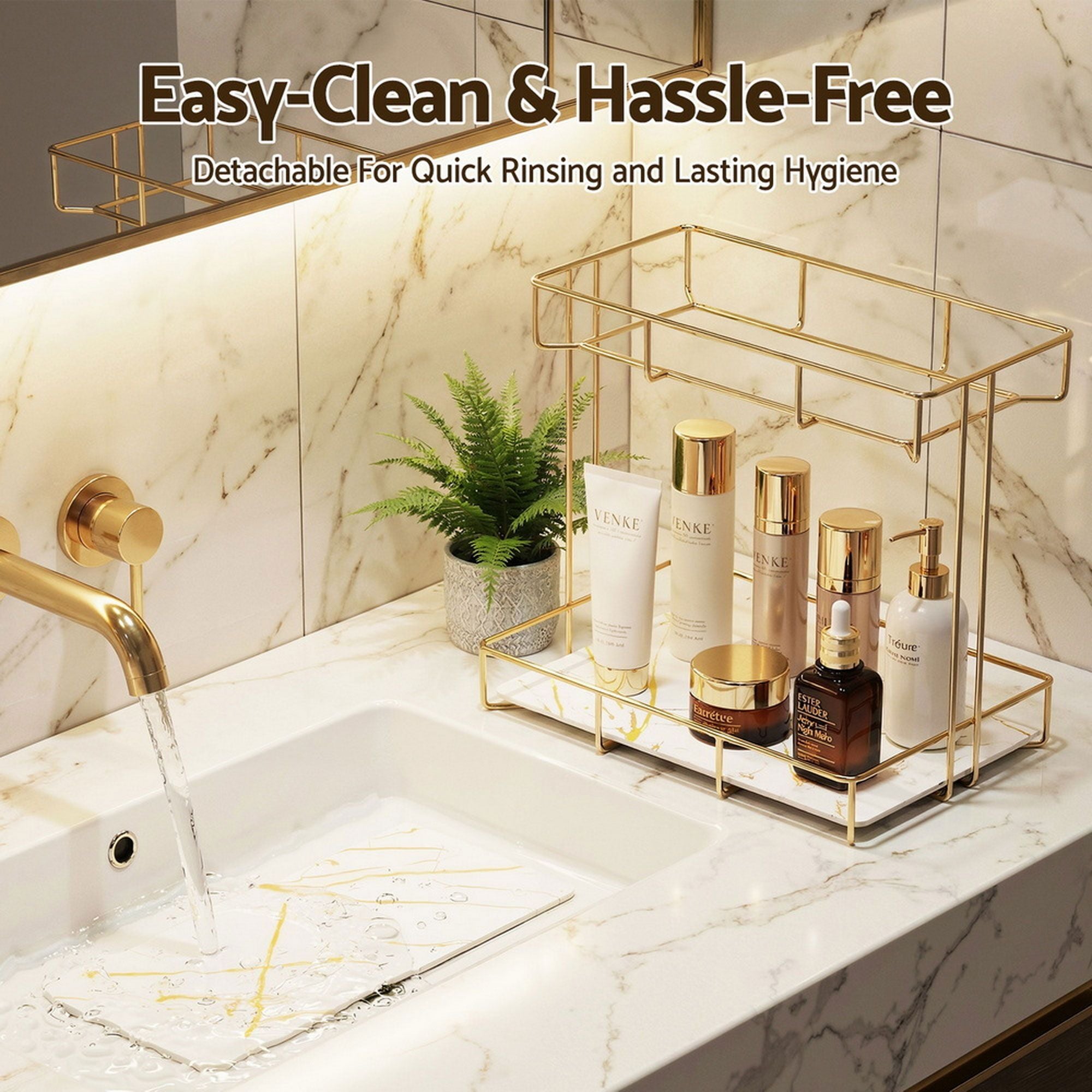 2-Tier Bathroom Corner Storage Rack 2 Pack with Marble Look - Gold