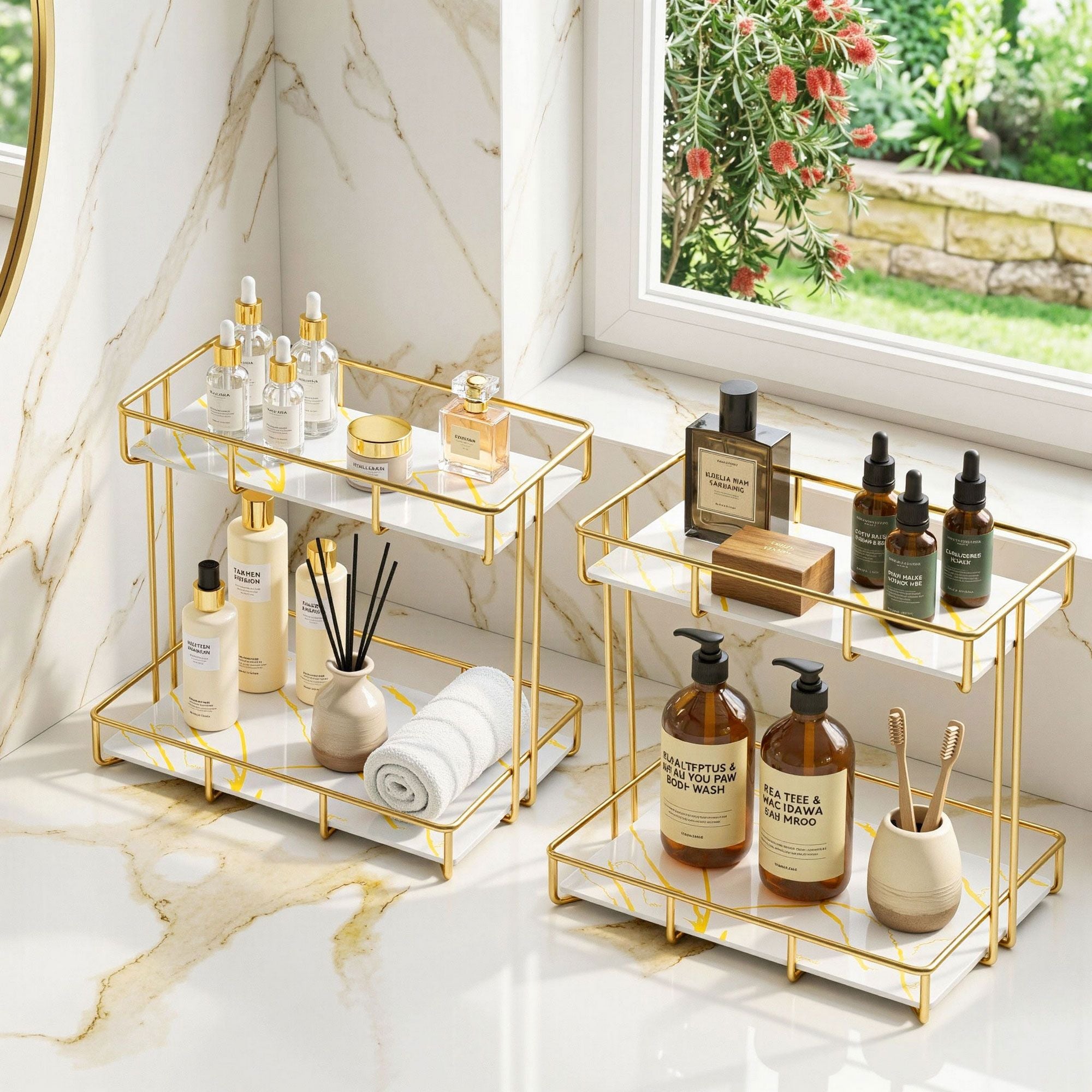 2-Tier Bathroom Corner Storage Rack 2 Pack with Marble Look - Gold