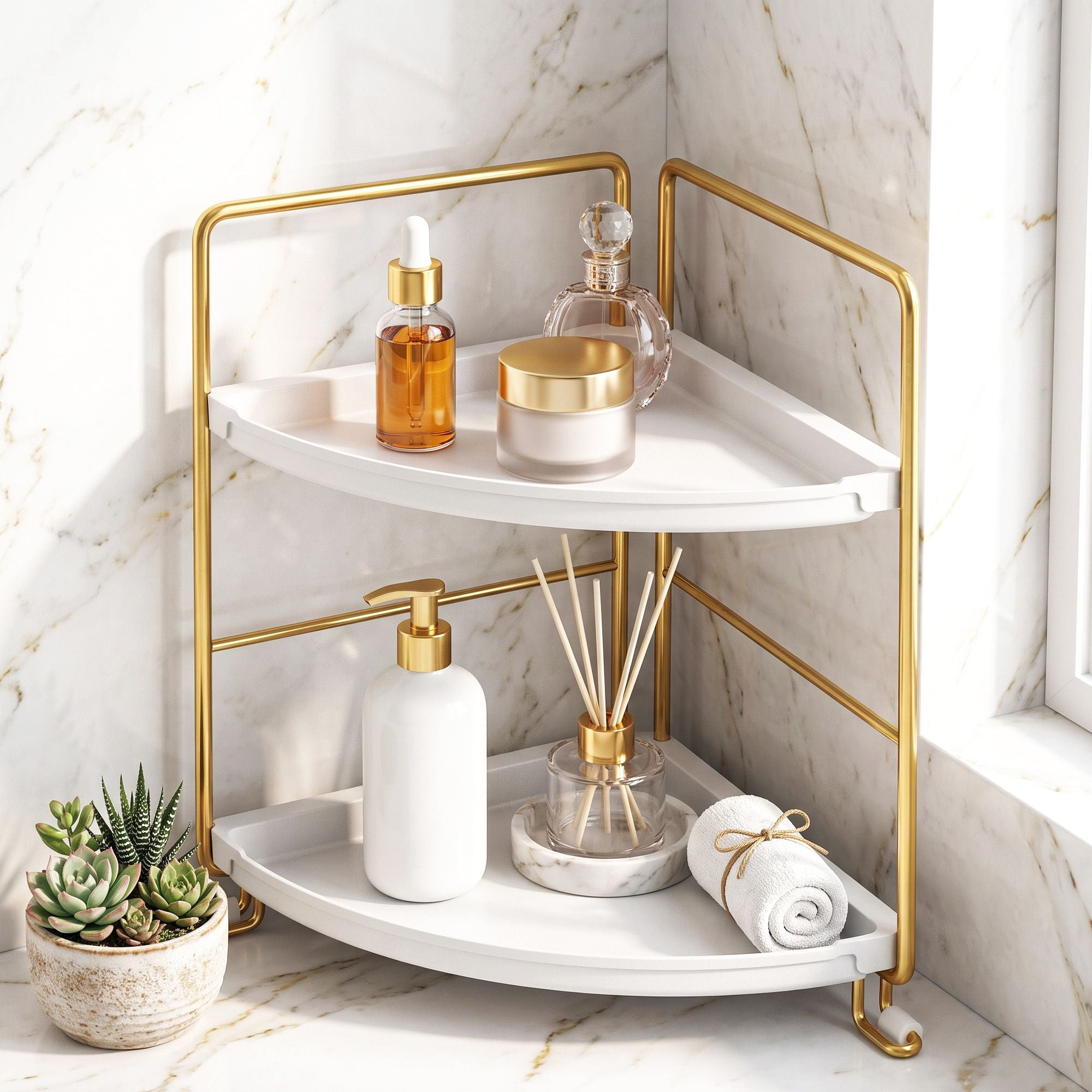 Bathroom Corner Shelf Countertop Organiser Vanity Storage Rack White Gold