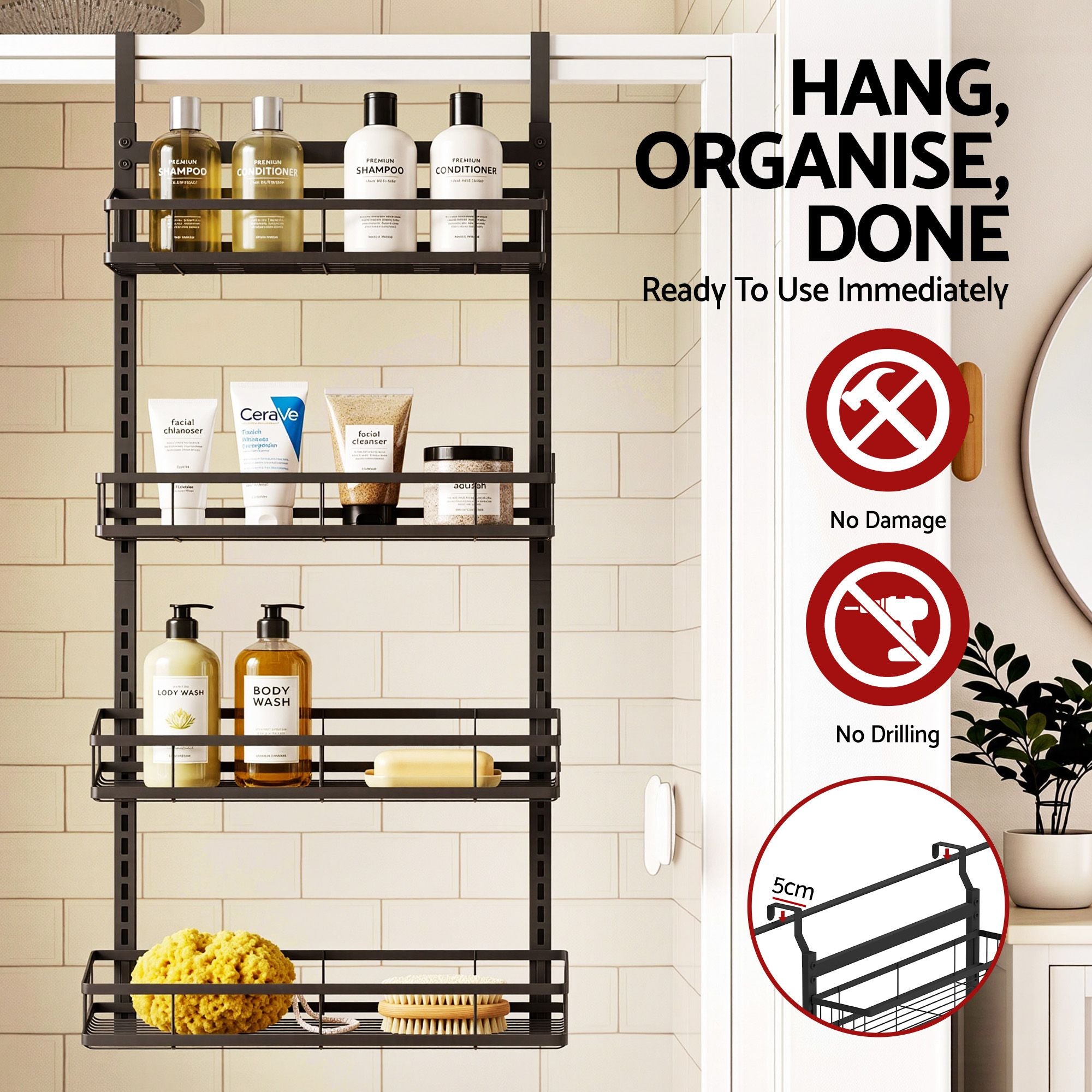 Over Door Bathroom Rack Hanging Organiser 4 Tier No Drill 91cm Black