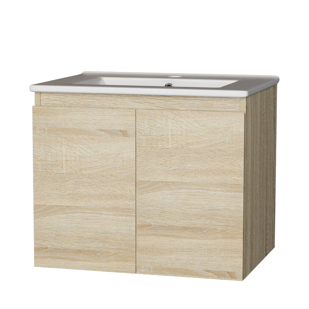 Vanity Unit 600mm with Basin Oak featuring light wood finish and white basin, designed for modern bathroom storage and style