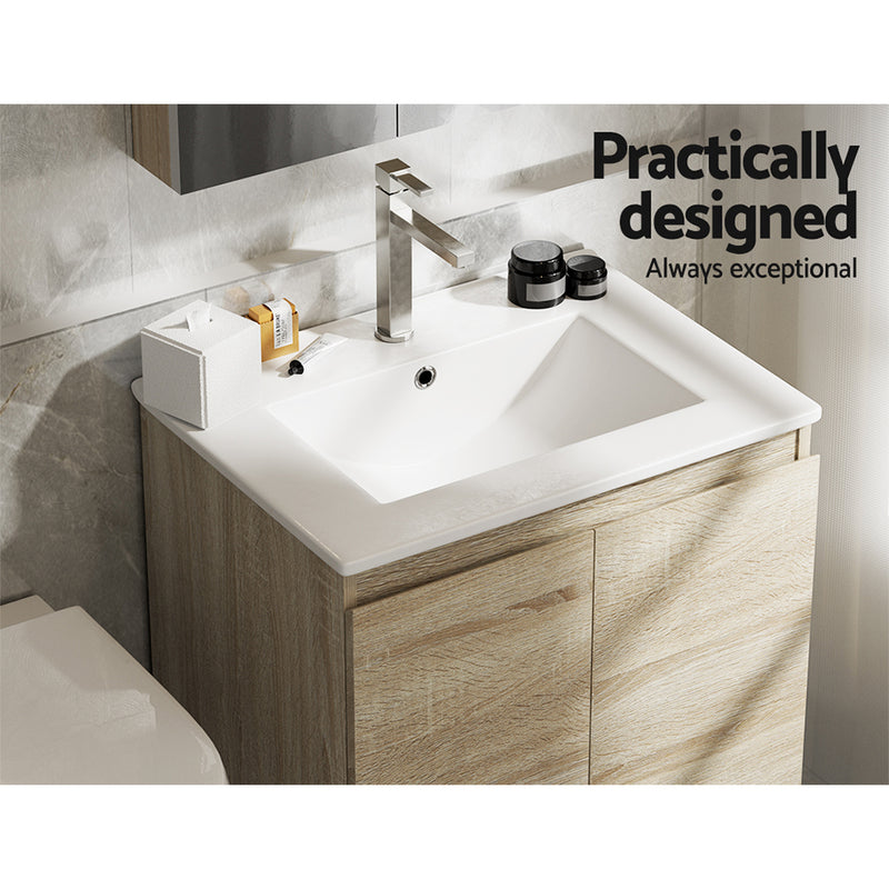 Vanity Unit 600mm with Basin Oak featuring modern rectangular basin, chrome faucet, and oak-finish cabinet with two doors