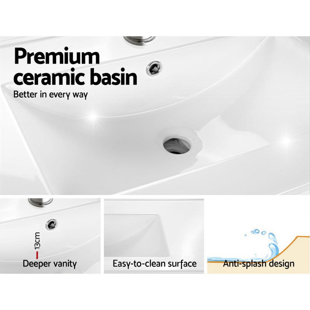 Vanity Unit 600mm with Basin Oak featuring premium ceramic basin, deeper vanity, easy-to-clean surface, and anti-splash design