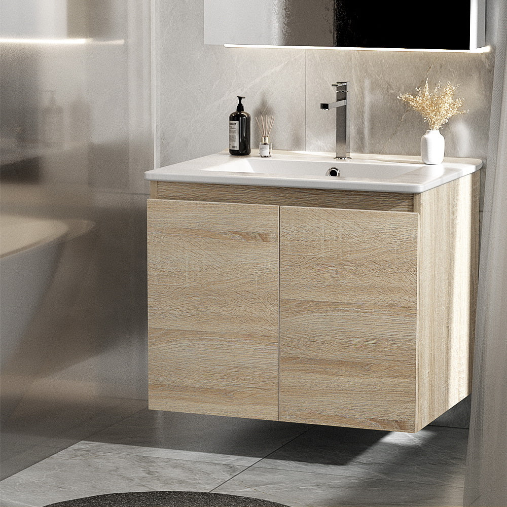 Vanity Unit 600mm with Basin Oak wall-mounted bathroom cabinet with white ceramic sink and modern faucet