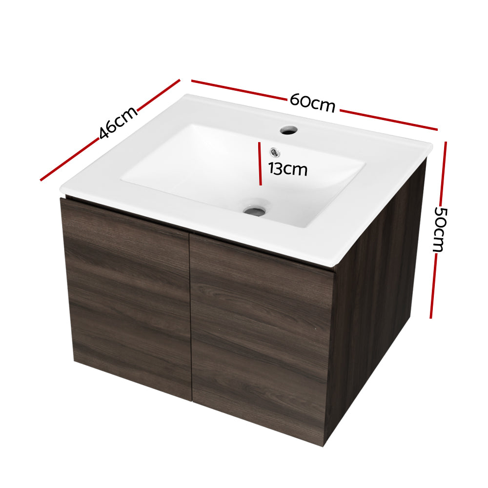 Vanity Unit 600mm with Basin Walnut featuring white basin and dark wood cabinet with dimensions labeled