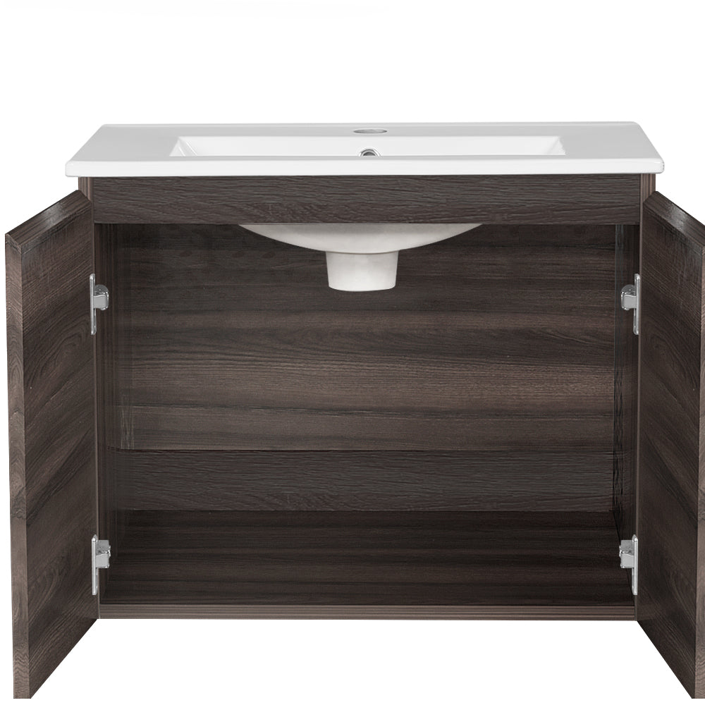 Vanity Unit 600mm with Basin Walnut featuring open storage cabinet and white ceramic sink basin with single tap hole
