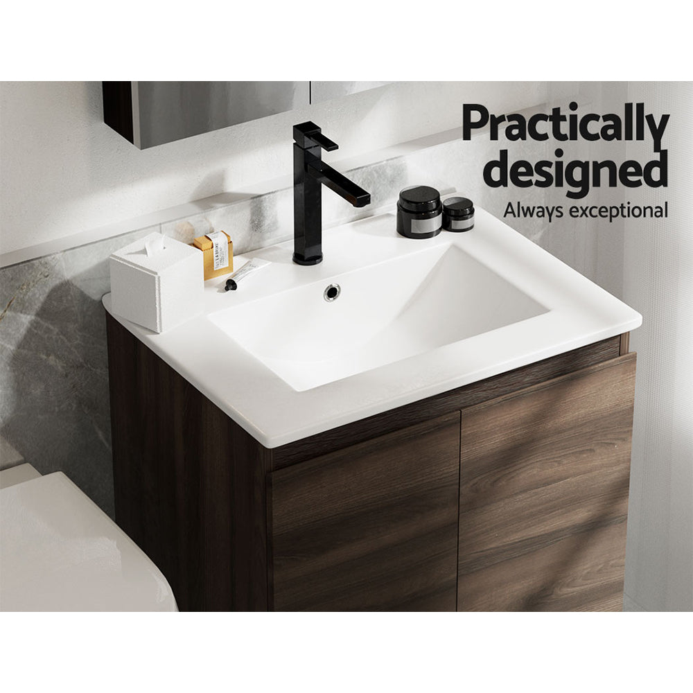 Vanity Unit 600mm with Basin Walnut featuring a white basin, black faucet, and walnut finish cabinet with two doors.