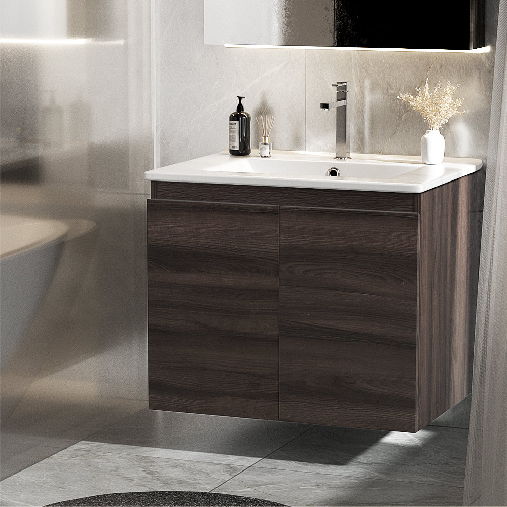 Vanity Unit 600mm with Basin Walnut featuring a modern wall-mounted design, sleek faucet, and white basin in a contemporary bathroom setting