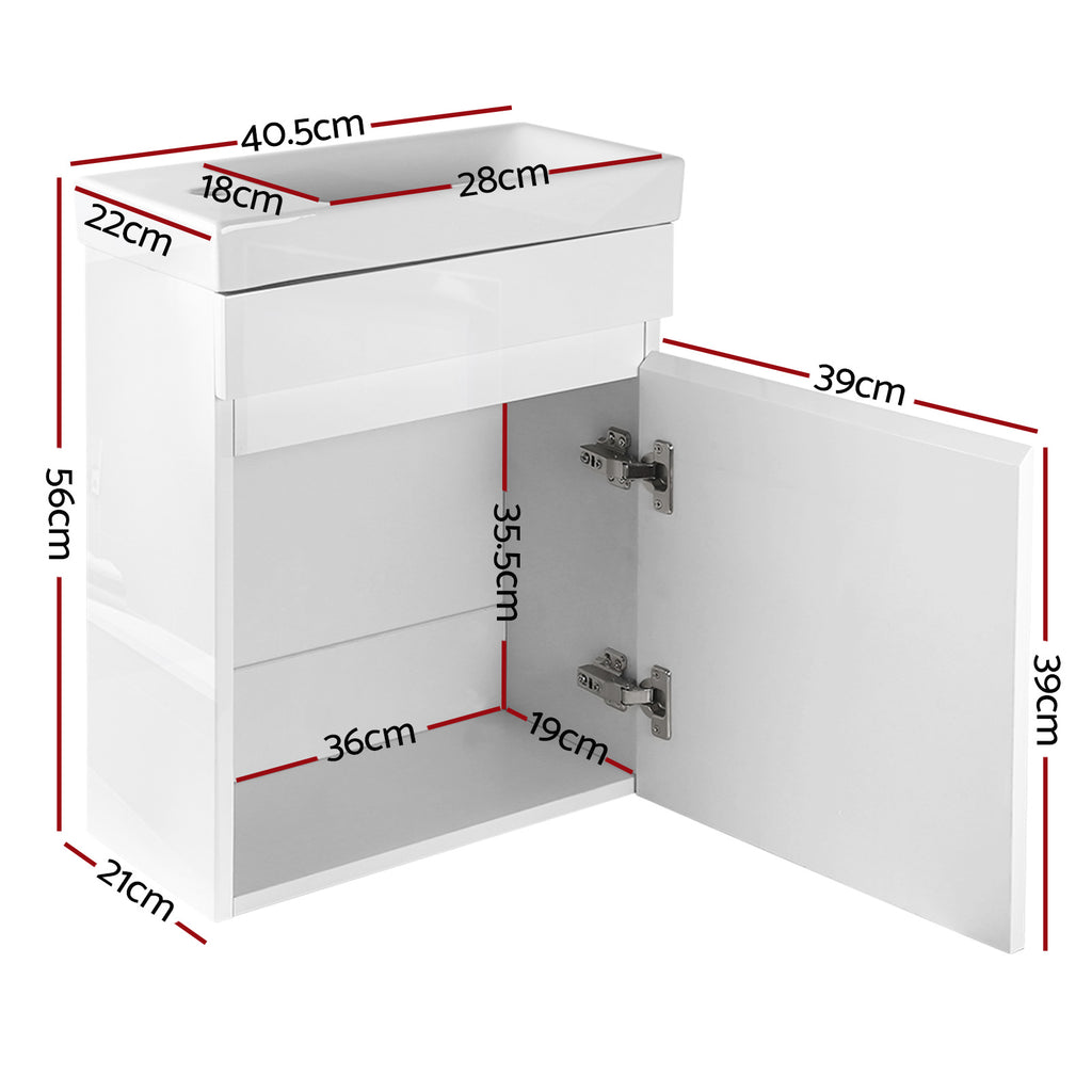 Vanity Unit 400mm with Basin White featuring high-gloss MDF finish and open cabinet door with internal measurements visible