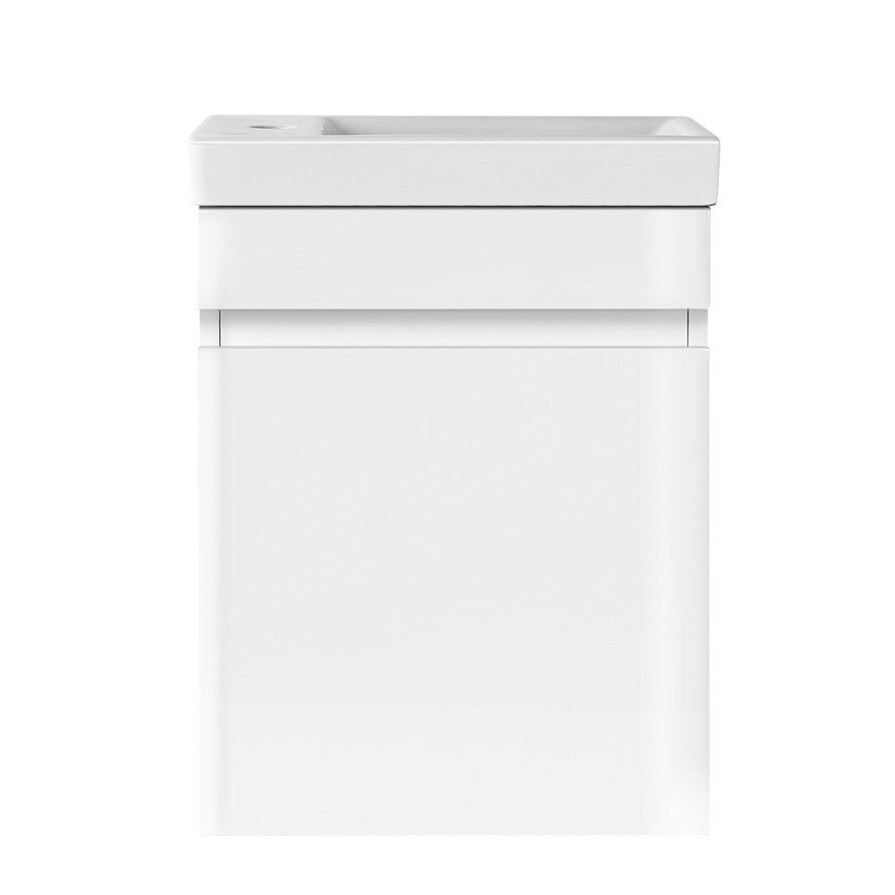 Vanity Unit 400mm with Basin White featuring high-gloss MDF construction and integrated rectangular basin on white background
