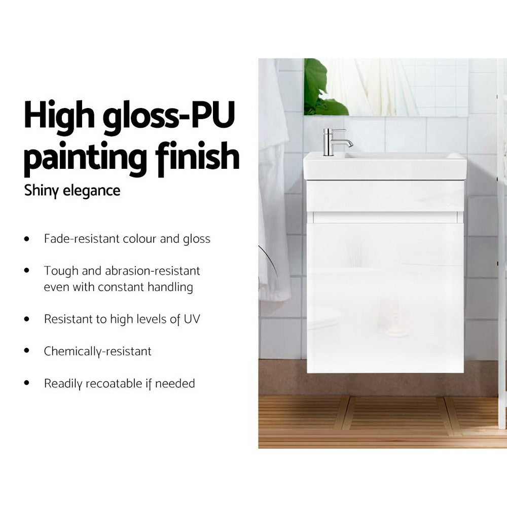 Vanity Unit 400mm with Basin White featuring high gloss PU finish, sleek modern design, and durable construction in a bathroom setting