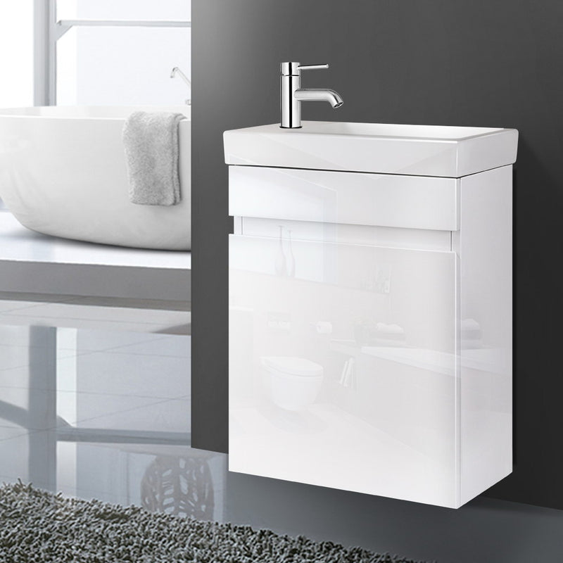 Vanity Unit 400mm with Basin White, wall-mounted bathroom cabinet with high-gloss finish and modern chrome faucet