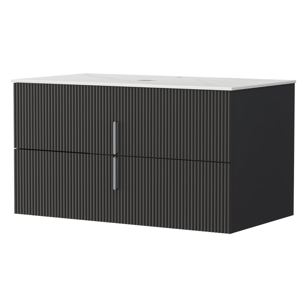 Vanity Unit 900mm Bathroom Cabinet Storage Wall Hung Black Timber Front with ribbed drawer design and white countertop