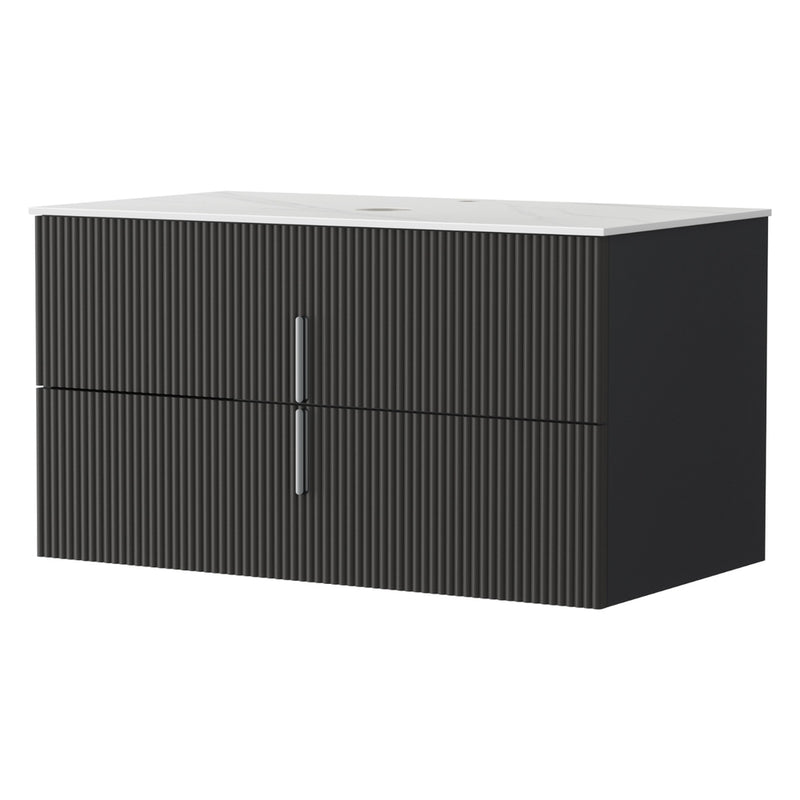 Vanity Unit 900mm Bathroom Cabinet Storage Wall Hung Black Timber Front with ribbed drawer design and white countertop