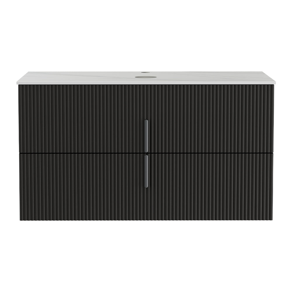 Vanity Unit 900mm Bathroom Cabinet Storage Wall Hung Black Timber Front with ribbed texture and white countertop