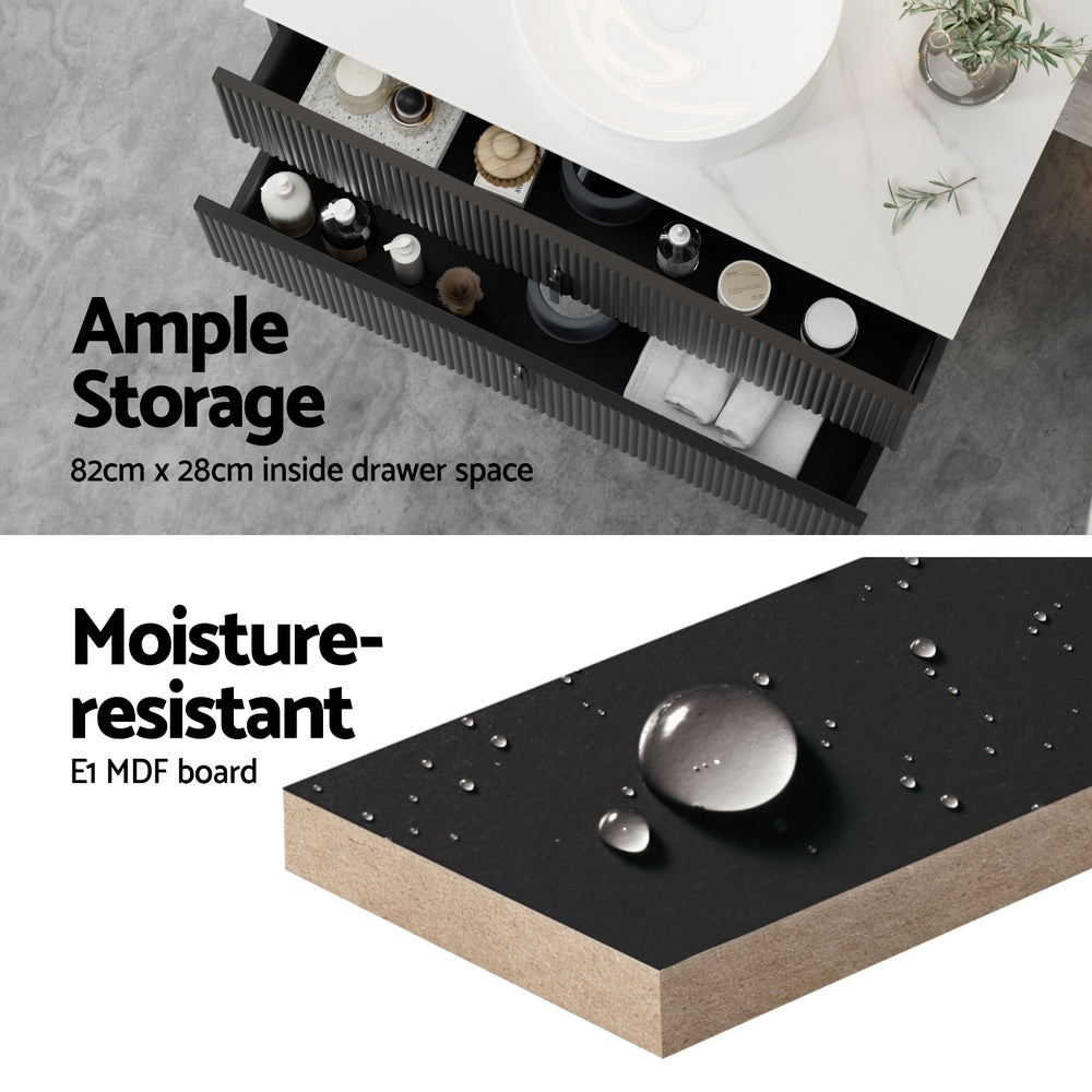 Vanity Unit 900mm Bathroom Cabinet Storage Wall Hung Black Timber Front with ample drawer space and moisture-resistant MDF board
