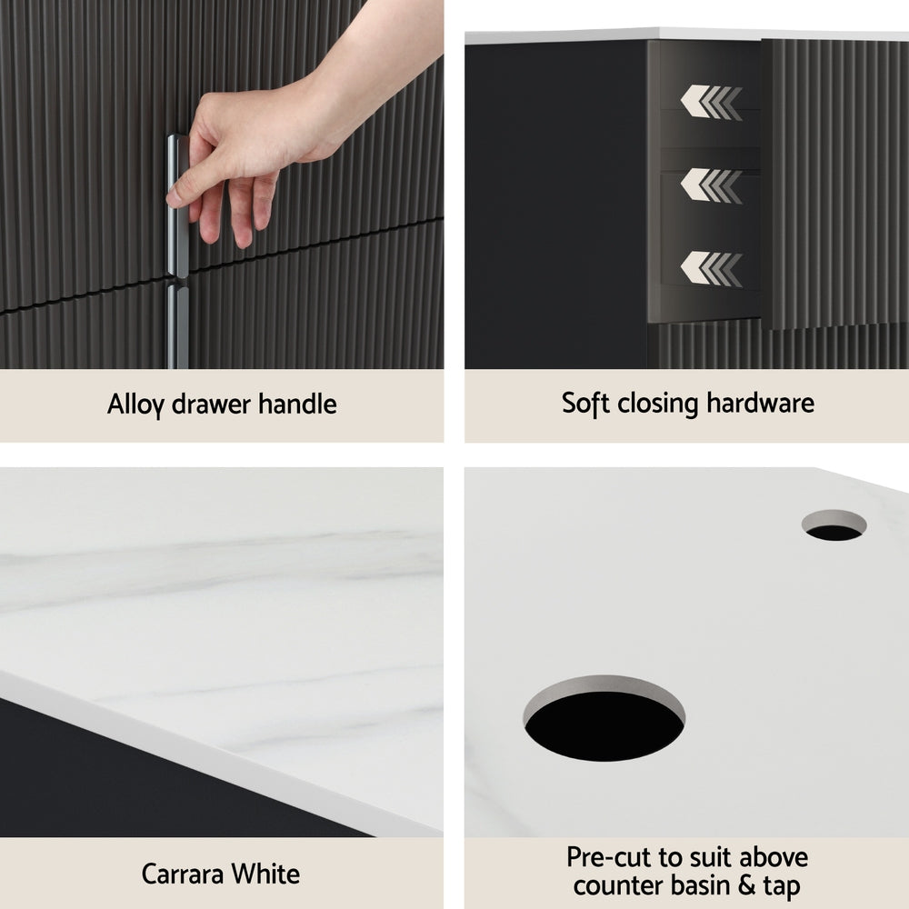 Vanity Unit 900mm Bathroom Cabinet Storage Wall Hung Black Timber Front with alloy handles and soft closing hardware detail close-up