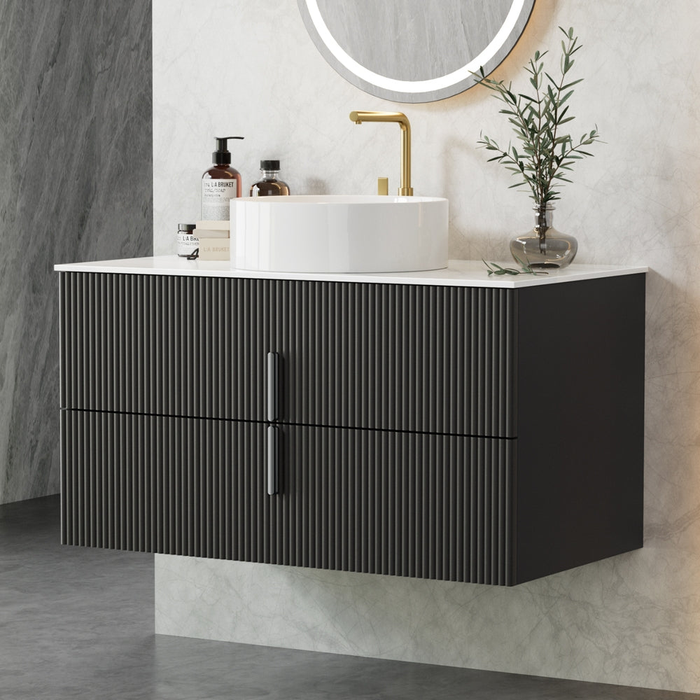 Vanity Unit 900mm Bathroom Cabinet Storage Wall Hung Black Timber Front with white basin, gold faucet, and decorative items on top
