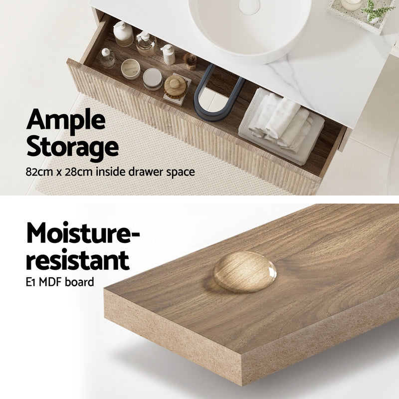 Vanity Unit 915mm with Basin Oak showing spacious drawer storage and moisture-resistant E1 MDF board surface close-up