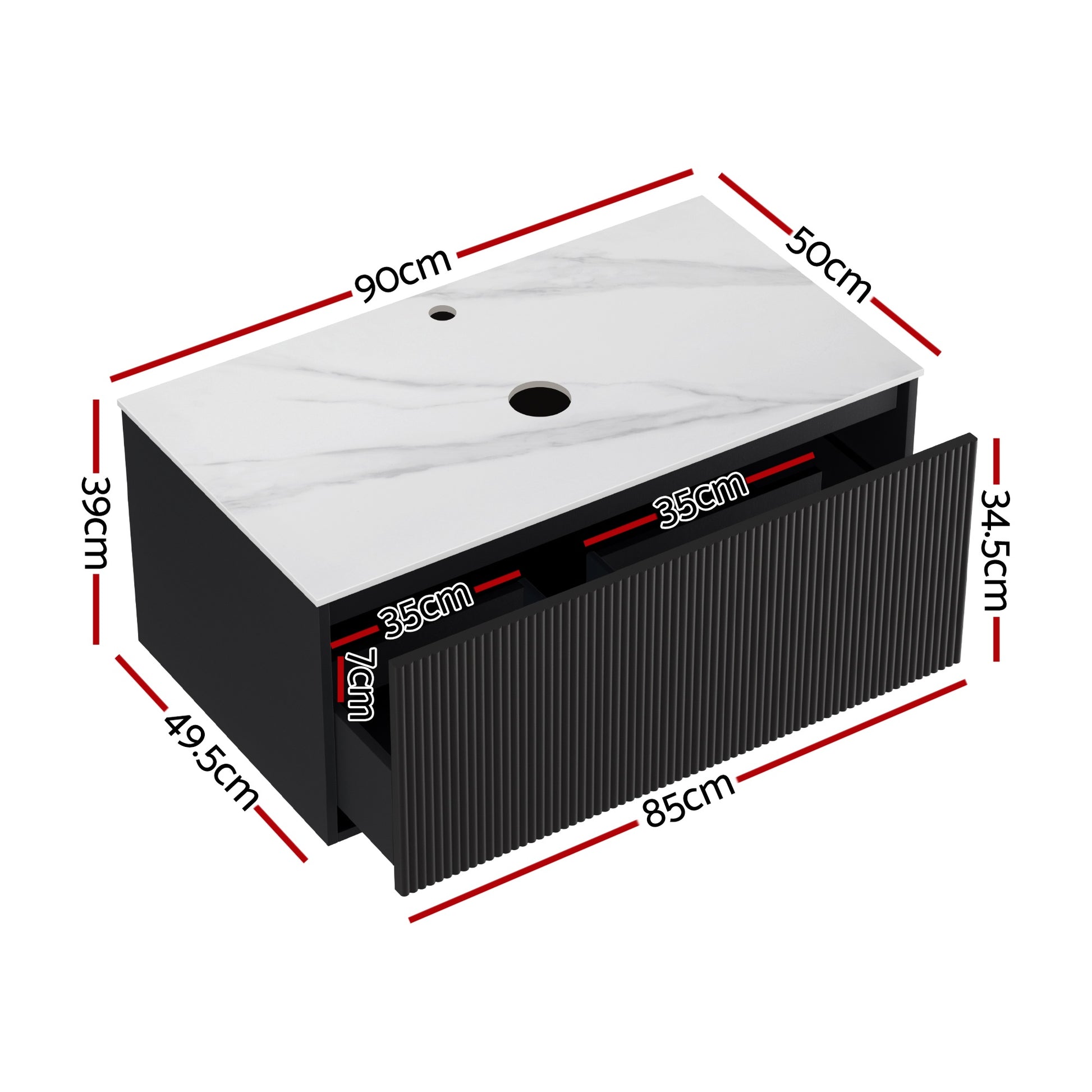 Vanity Unit 900mm Bathroom Cabinet Storage Wall Hung Grooved Timber Black with white stone countertop and storage drawer measurements