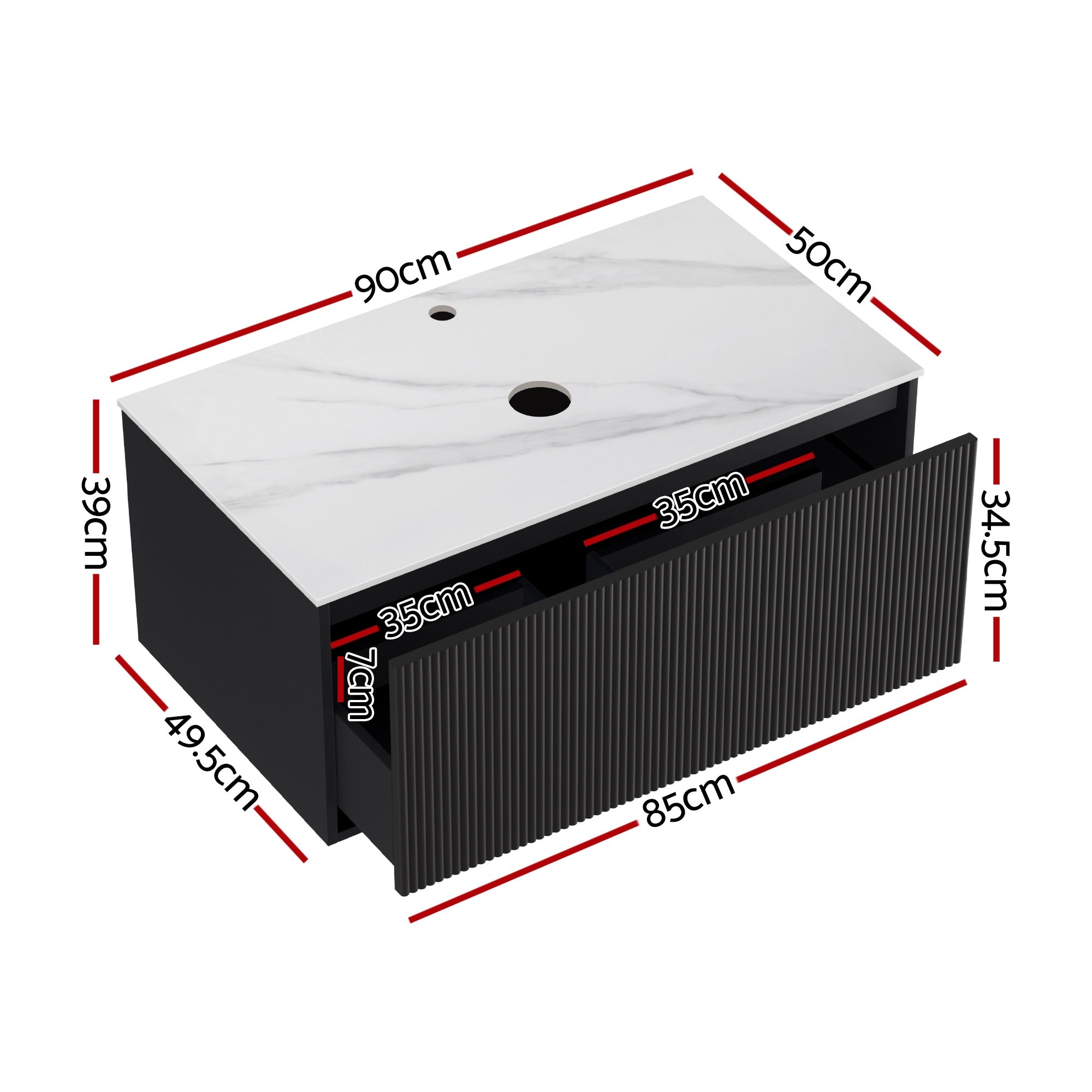 Vanity Unit 900mm Bathroom Cabinet Storage Wall Hung Grooved Timber Black with white stone countertop and storage drawer measurements